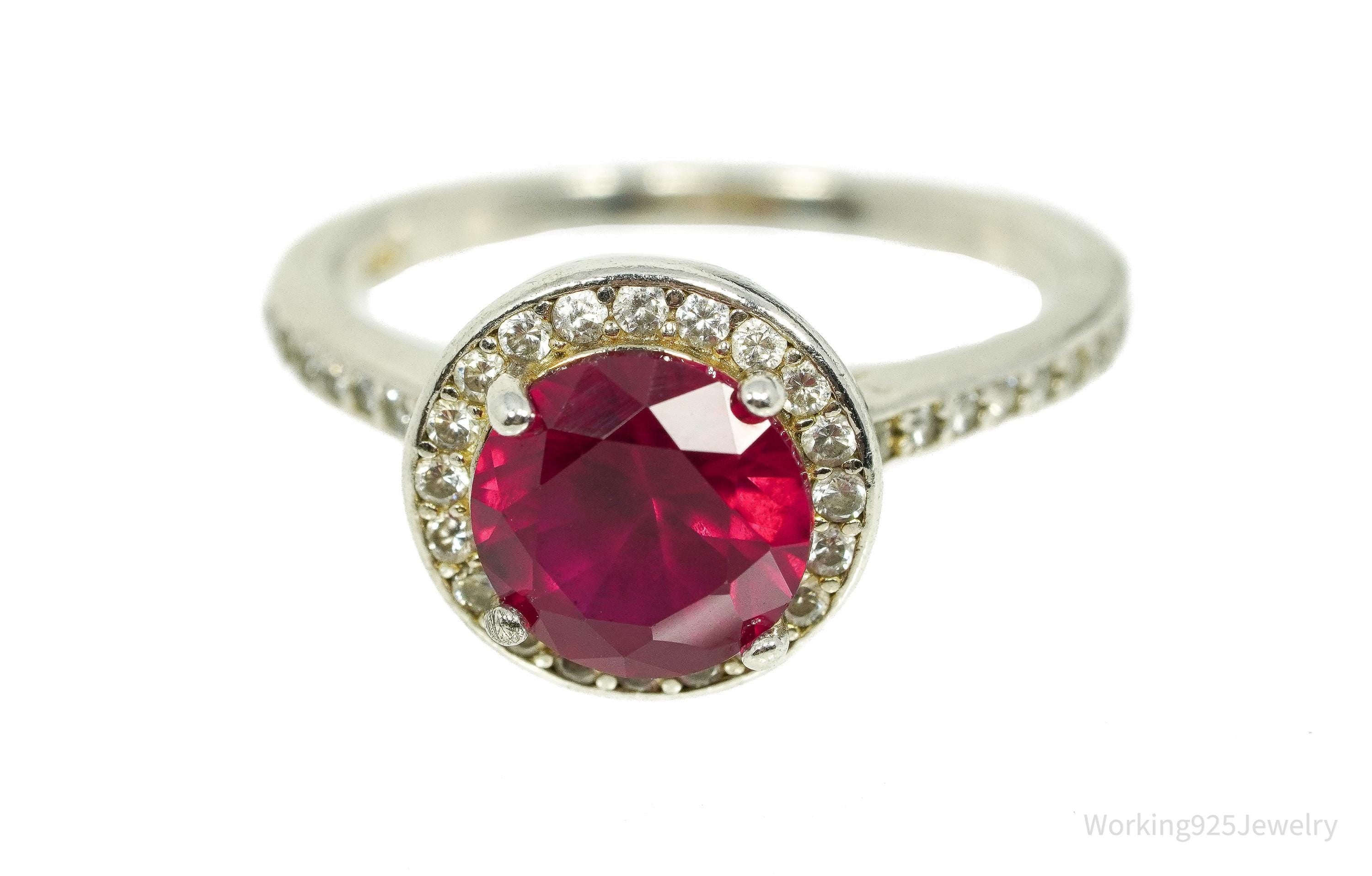 Vintage Ruby & Cubic Zirconia Sterling Silver Ring - Size 7