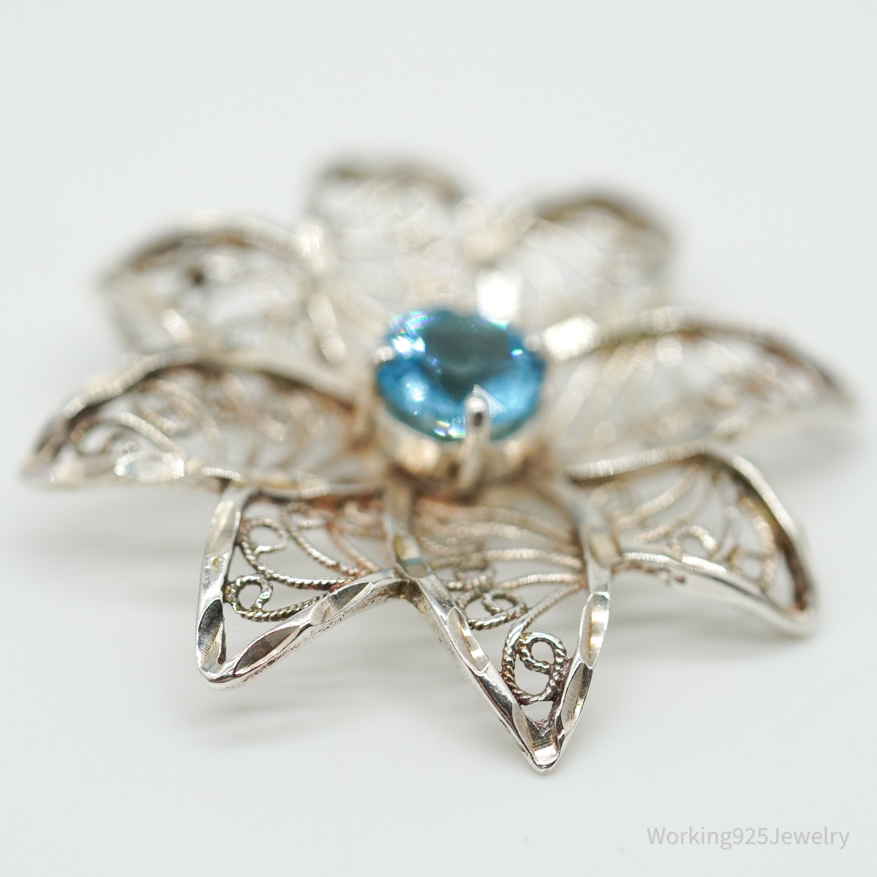 Vintage Ornate Blue Topaz Flower Sterling Silver Necklace Pendant