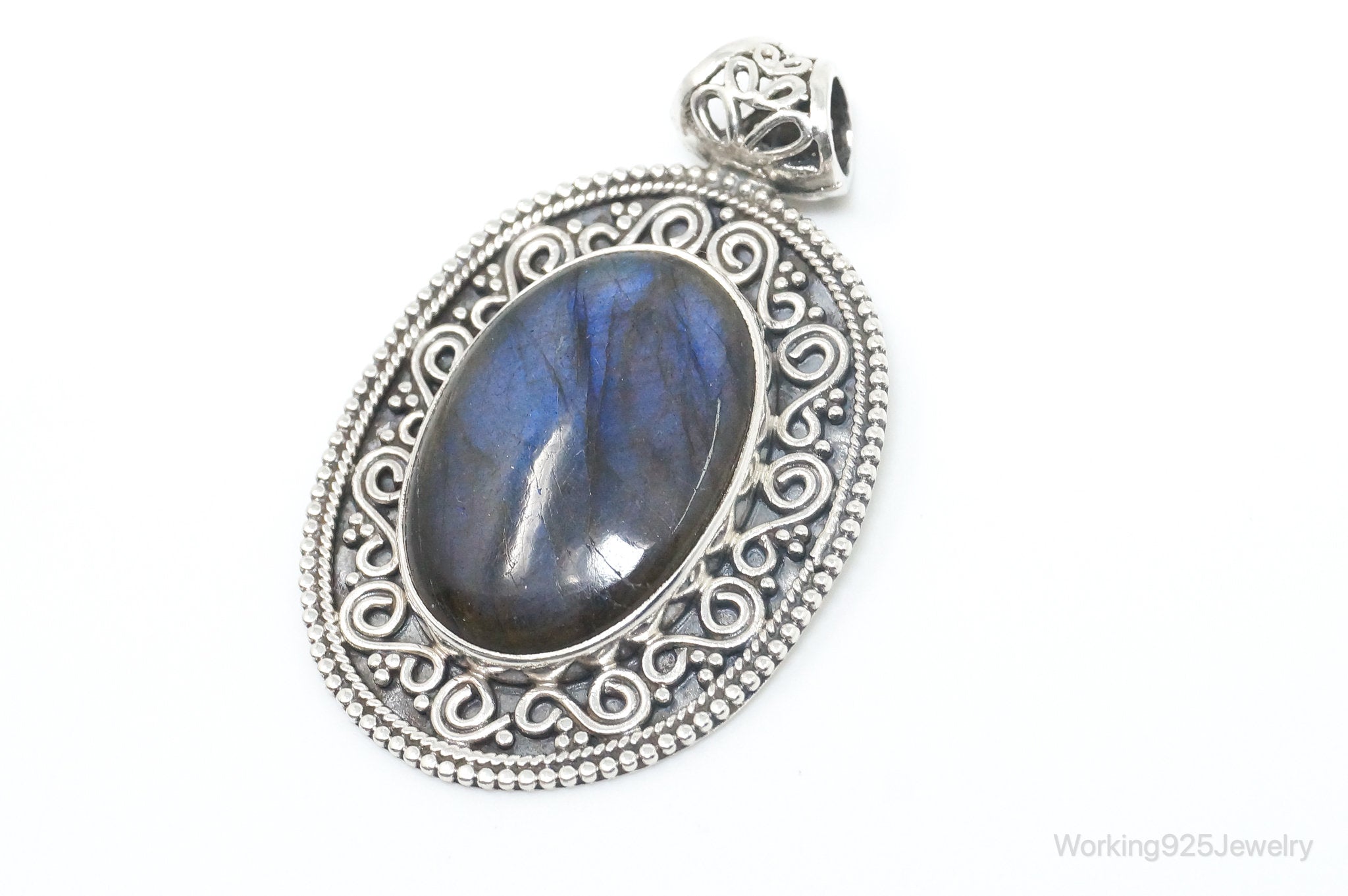 Vintage Large Labradorite Bali Sterling Silver Necklace Pendant