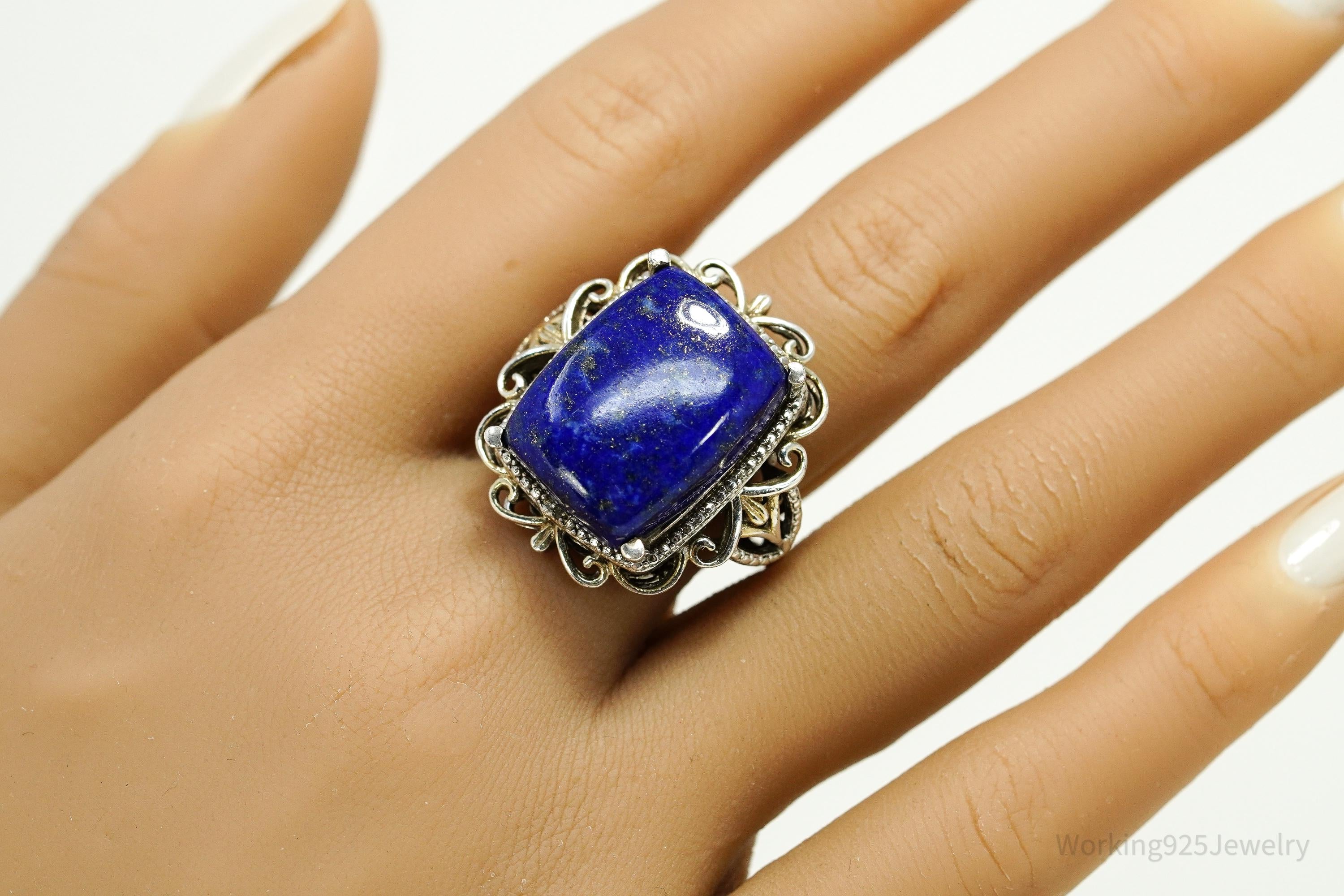 Vintage Lapis Lazuli & Diamond Gold Over Sterling Silver Ring - Size 10