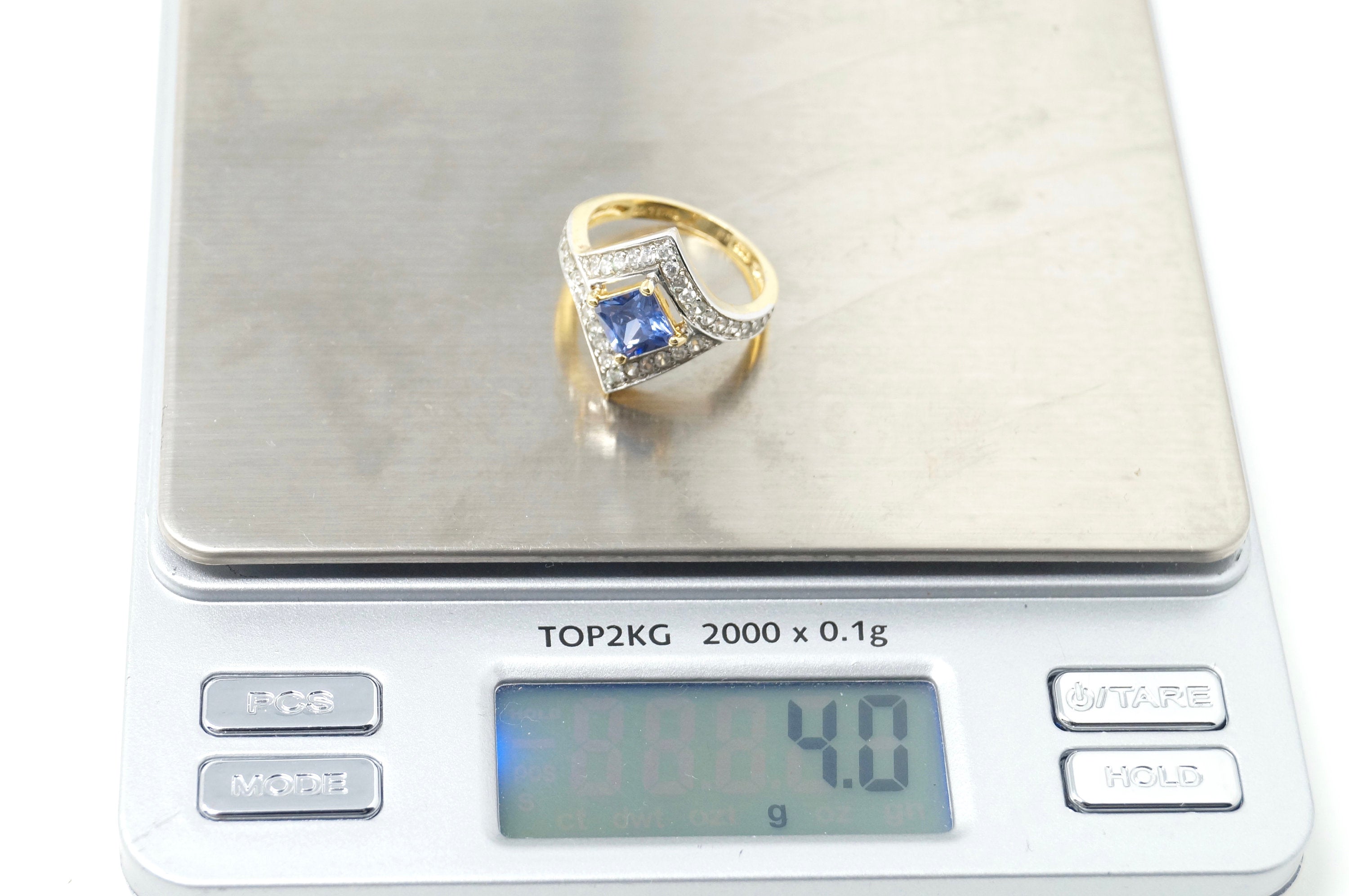 Vintage RP Blue Crystal Gold Wash Statement Sterling Silver Ring - Size 7