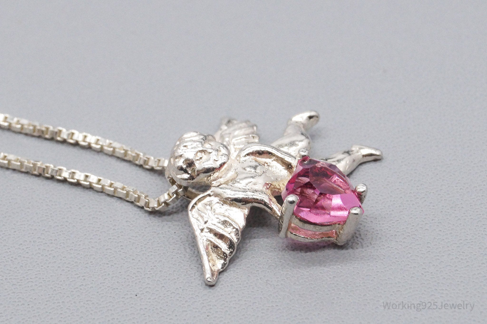 Vintage Angel Cherub Pink Gemstone Sterling Silver Necklace 18"