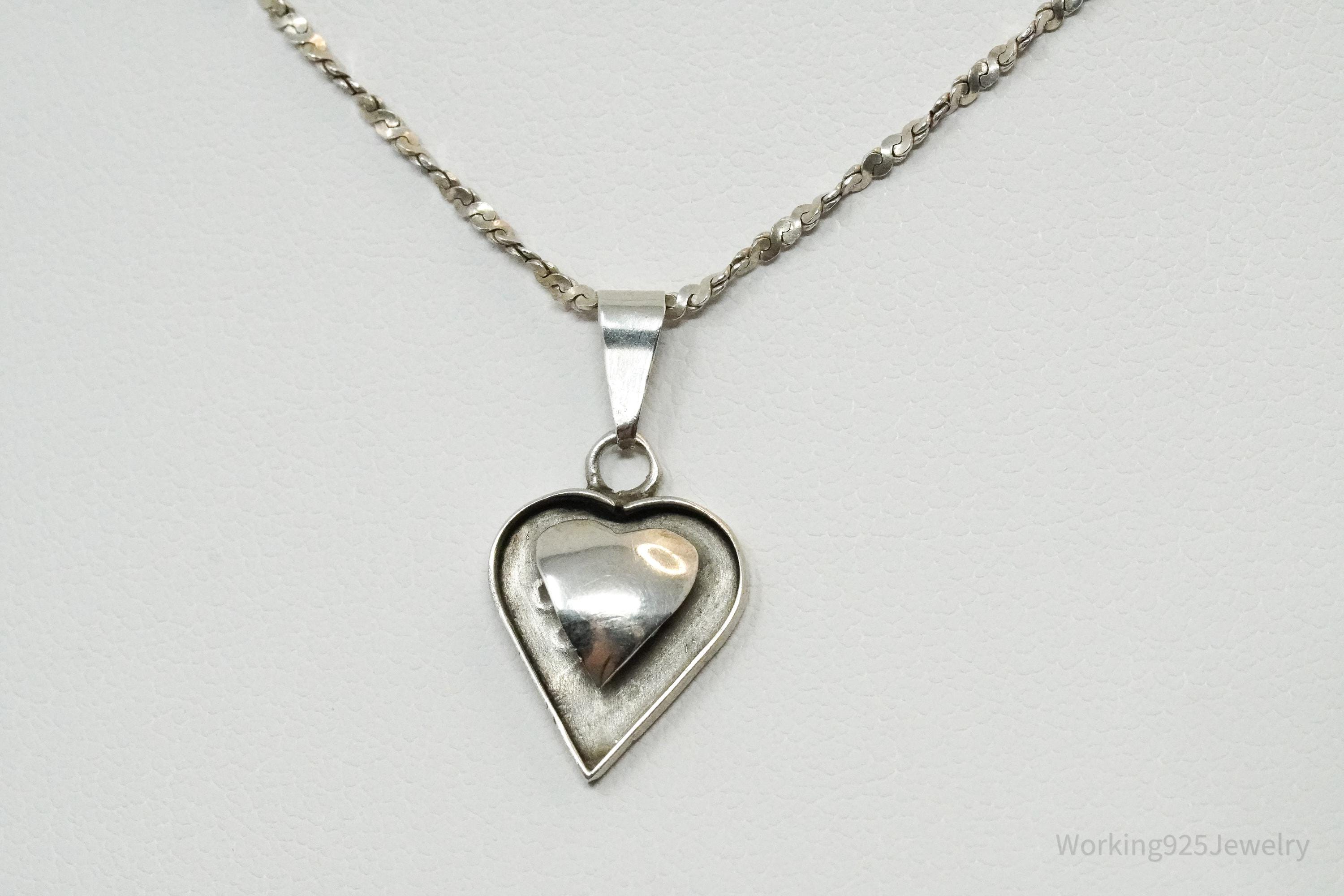 Vintage Mexico Modernist Heart Sterling Silver Necklace 20"