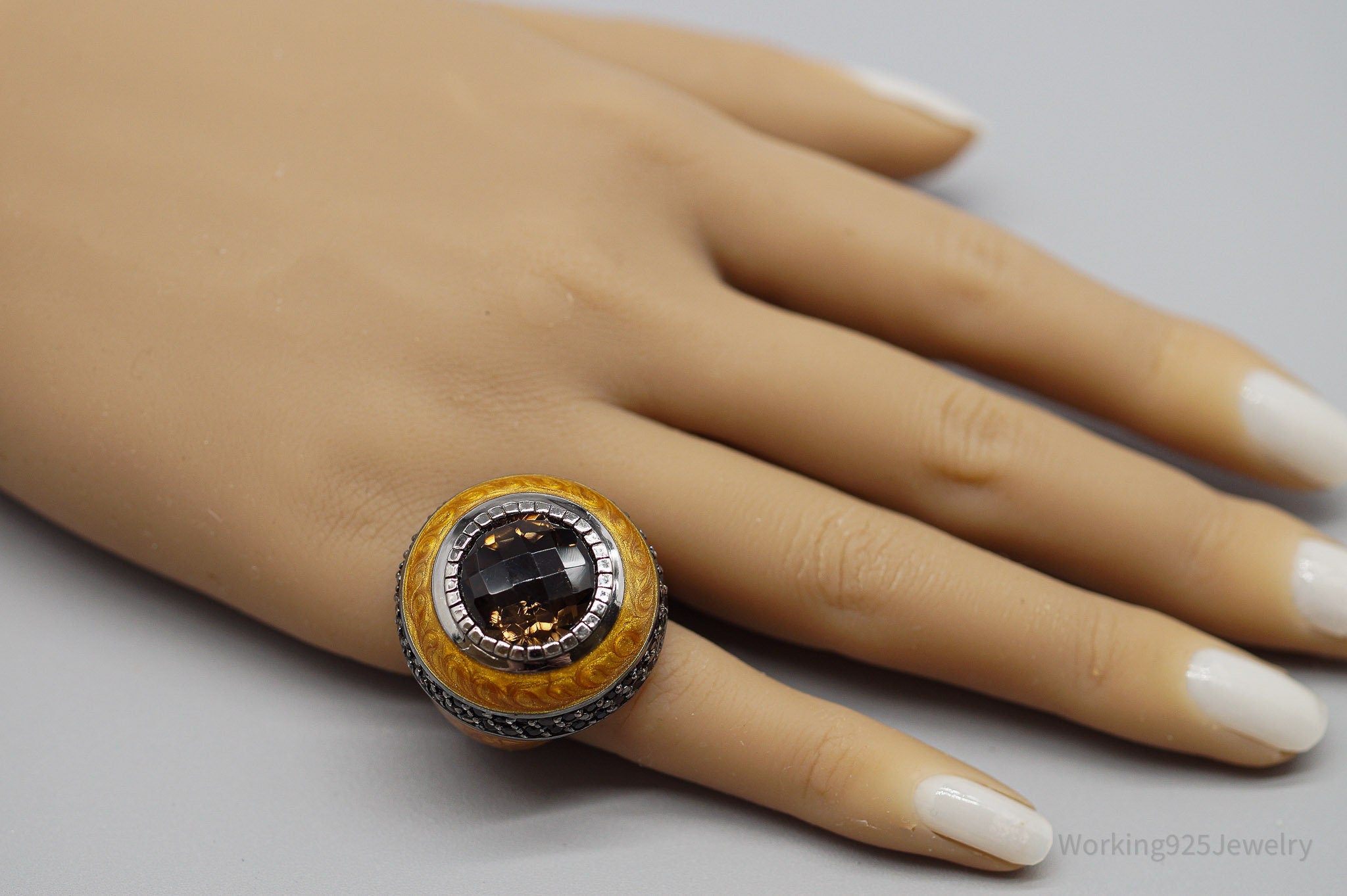 Vintage Large Smoky Topaz & Enamel Sterling Silver Ring - Size 5.75