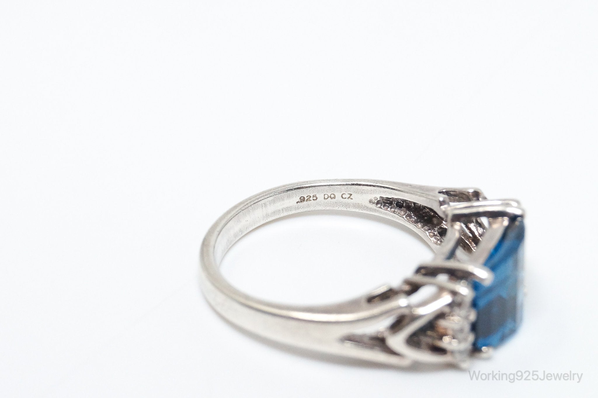 Vintage Art Deco Style Blue Diamonique Cubic Zirconia Sterling Silver Ring SZ 8