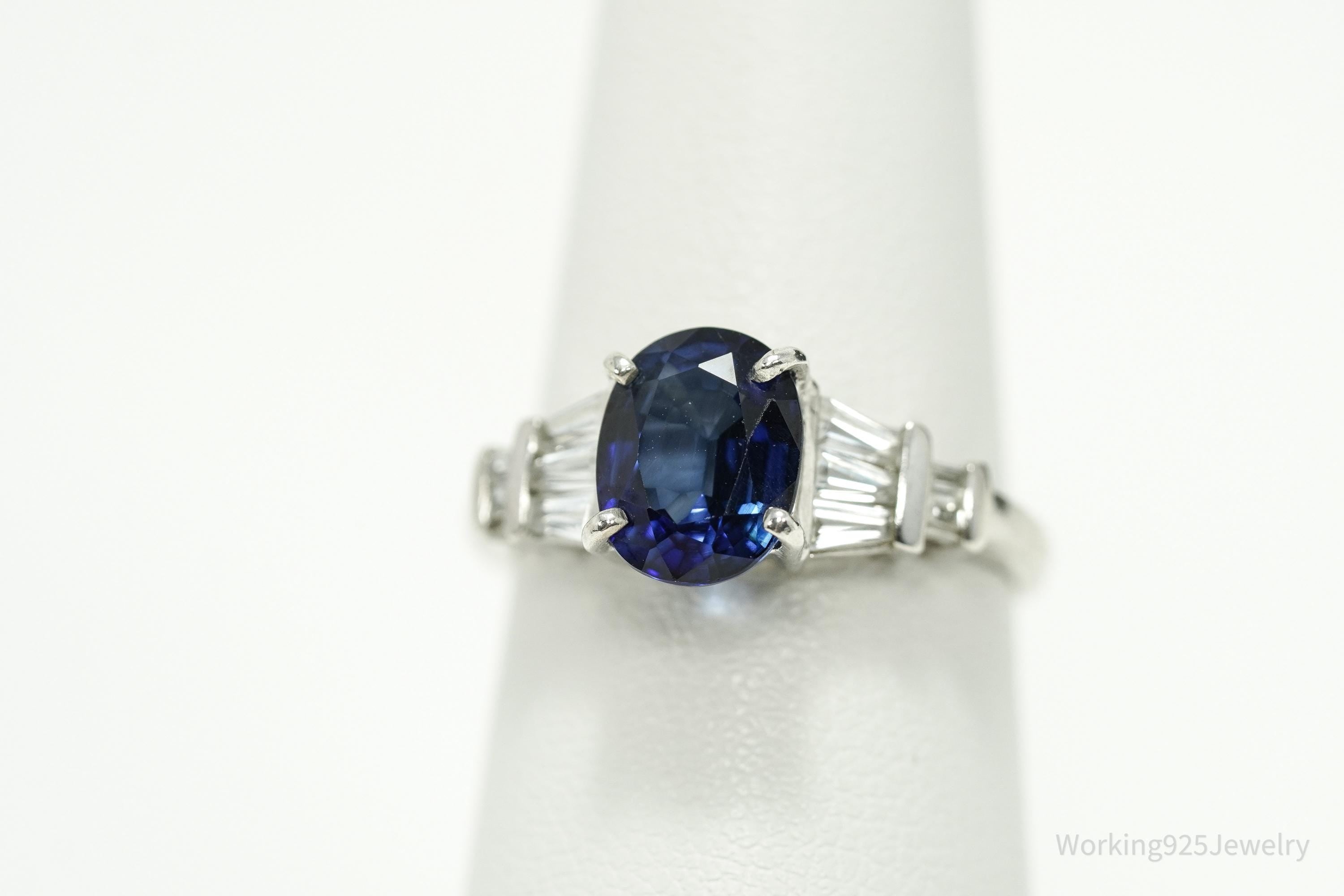Vintage Lab Sapphire & Cubic Zirconia Sterling Silver Ring - Size 7