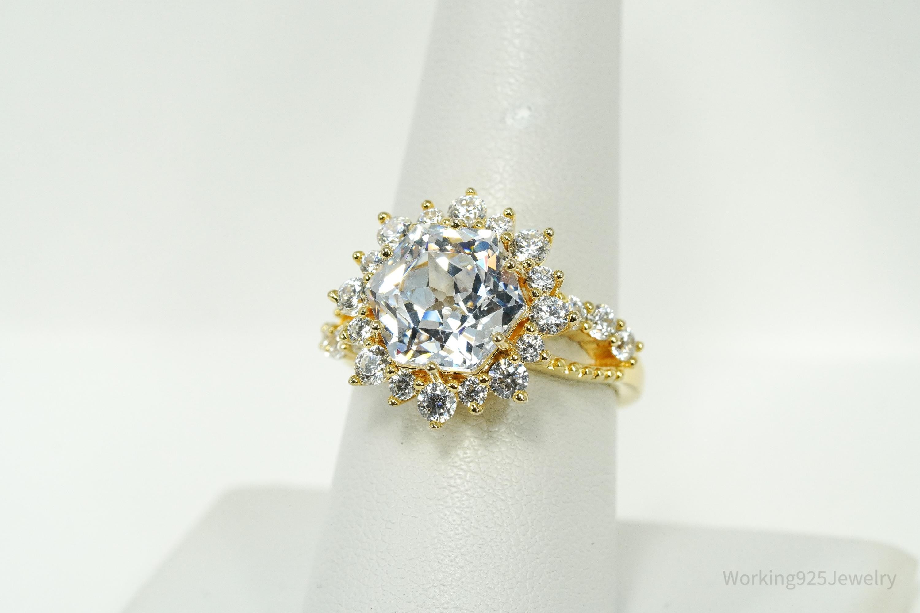 Large Cubic Zirconia Gold Over Sterling Silver Ring - Size 8