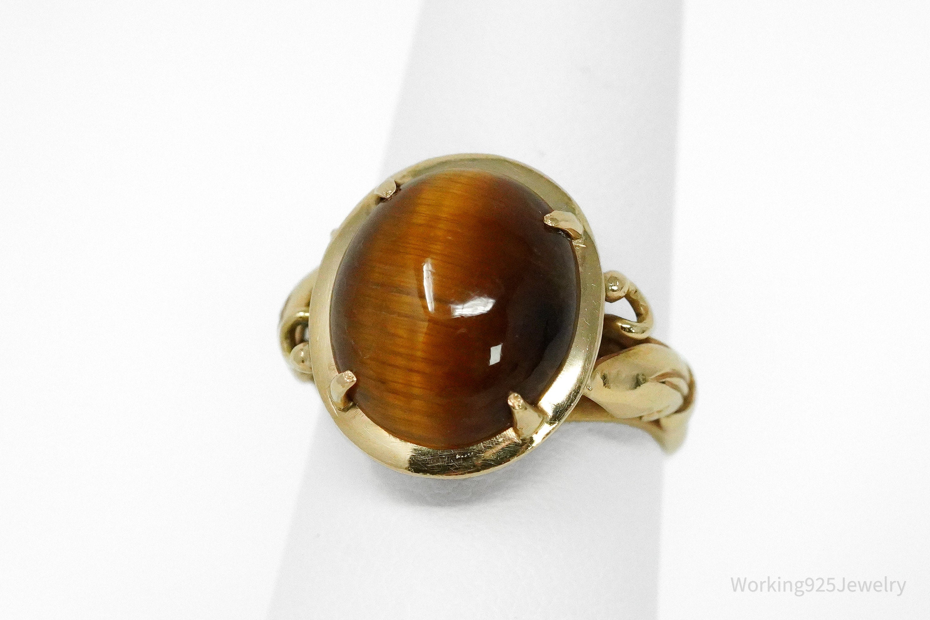14K Yellow Gold & Tiger's Eye Cabochon Four Prong Ring - Size 6