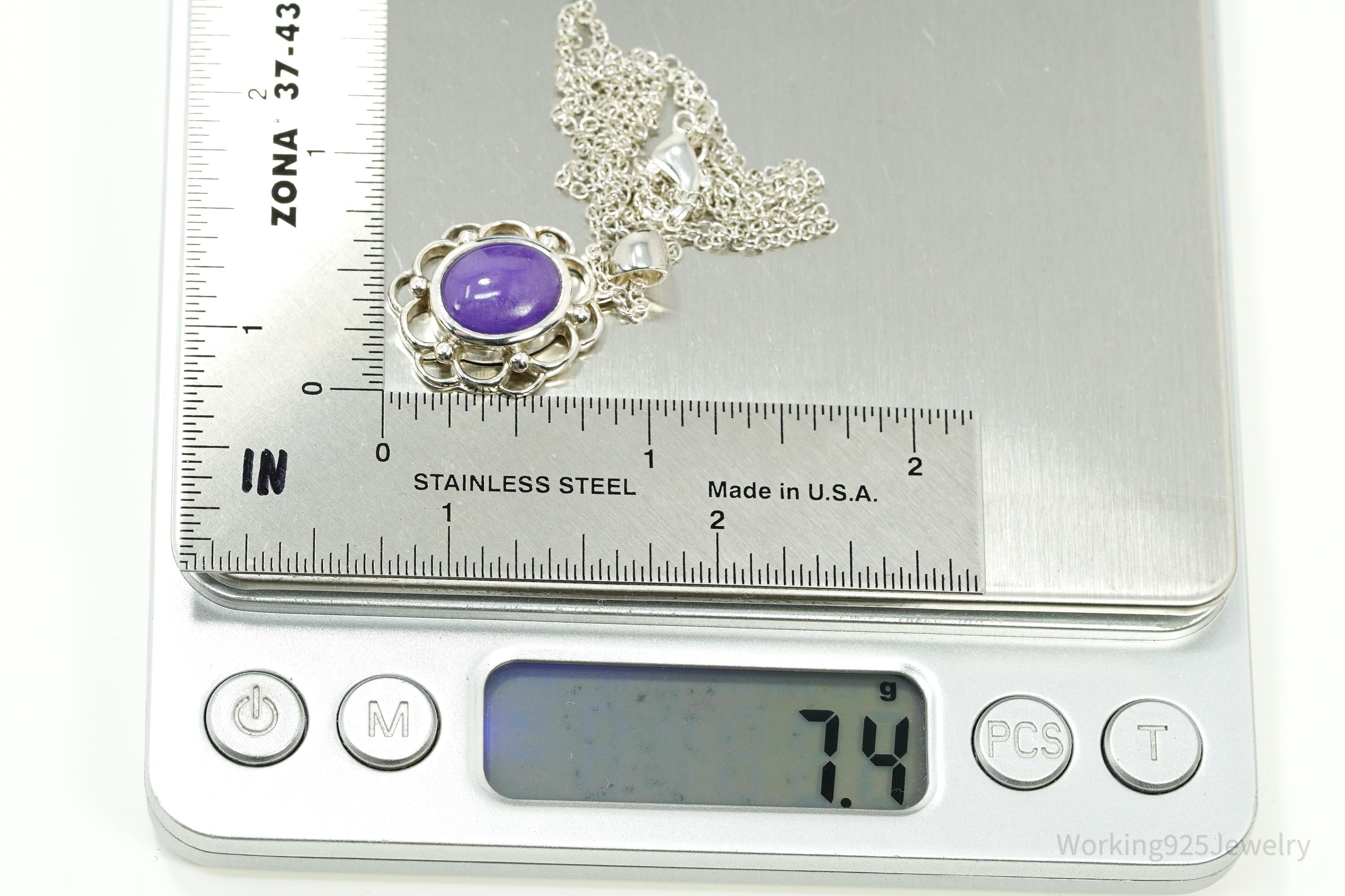 Vintage Purple Jade Sterling Silver Necklace 24"