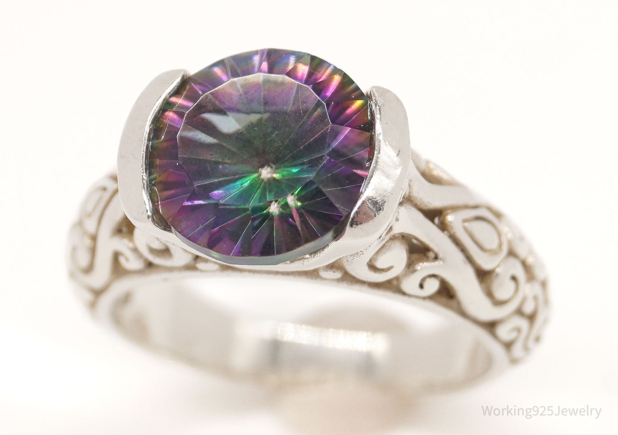 Vintage Mystic Topaz Sterling Silver Filigree Ring - Size 6.75