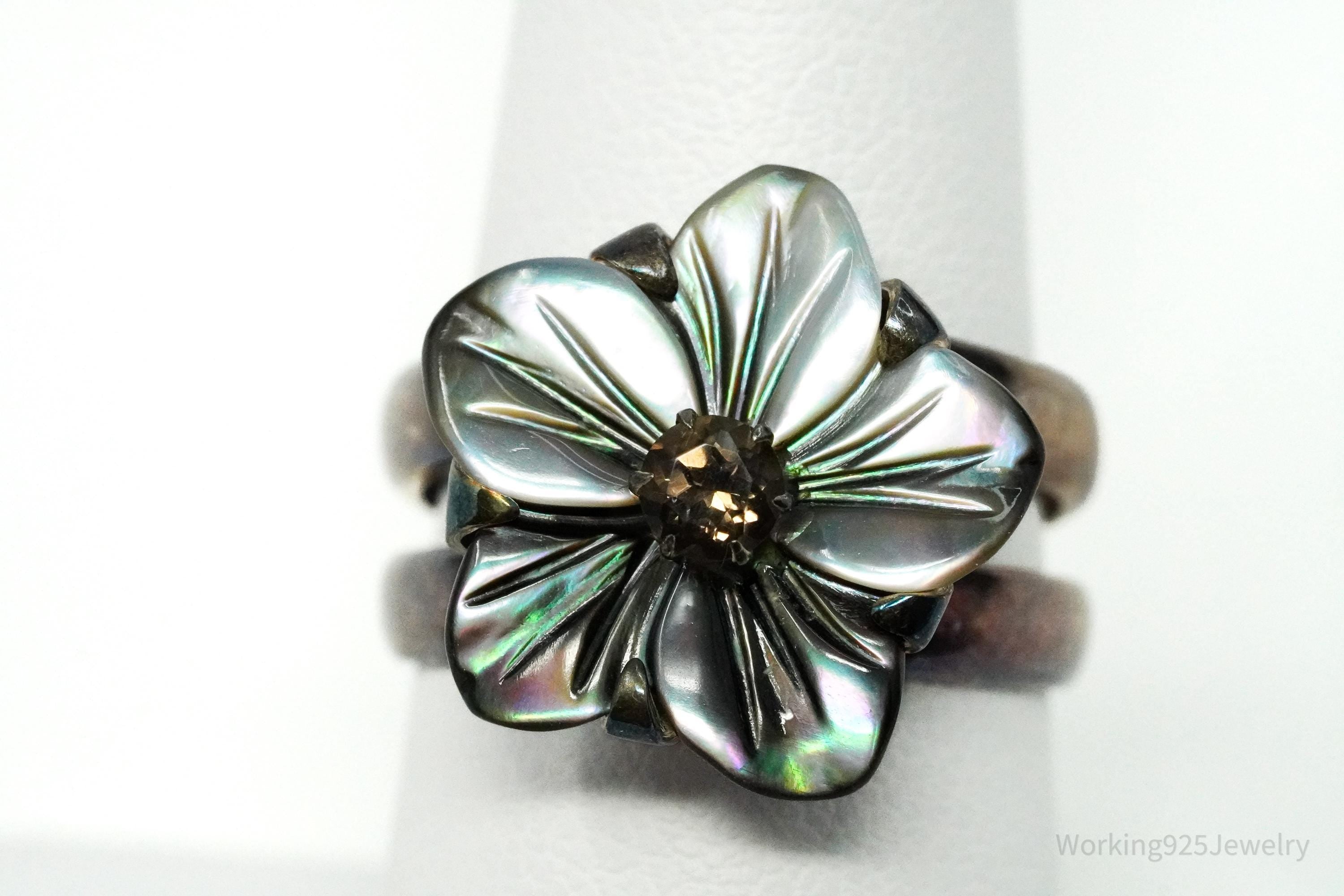 Vintage Black Mother Of Pearl & Smoke Topaz Flower Sterling Silver Ring - Size 8