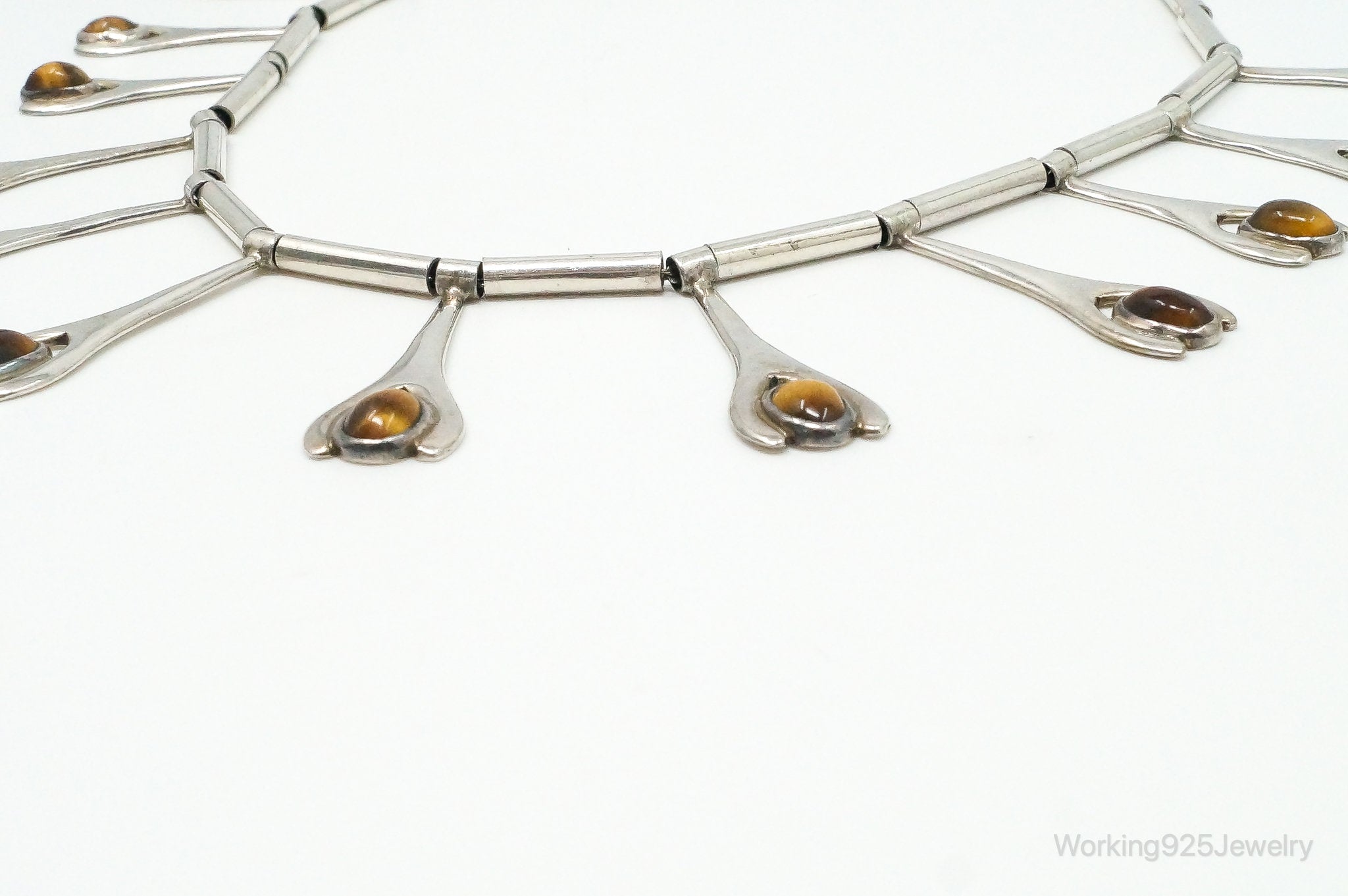 Vintage Taxco Mexico Designer VSA Tigers Eye Modernist Sterling Silver Necklace