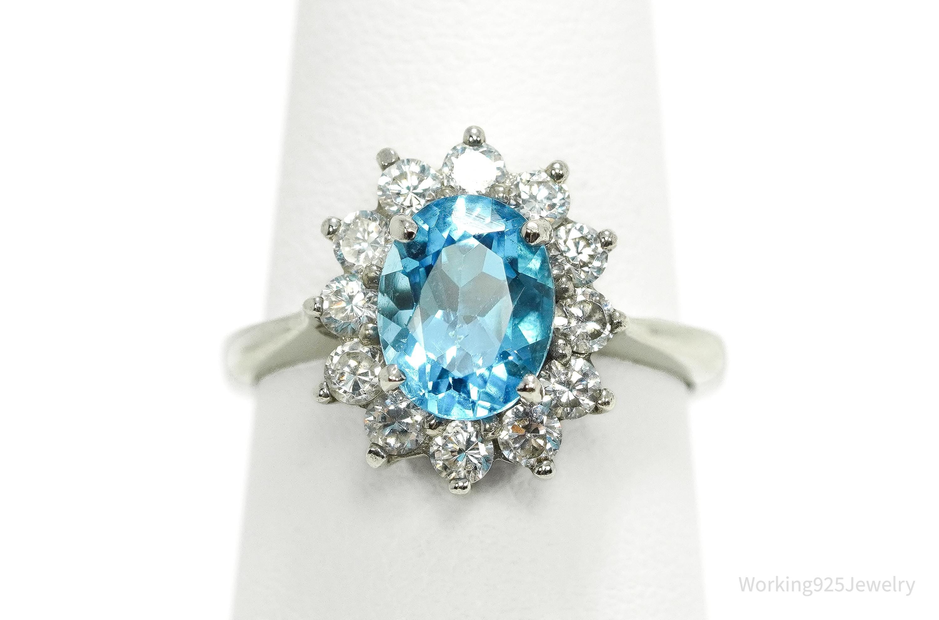 Vintage Blue Topaz & Cubic Zirconia Sterling Silver Ring - Size 7.75