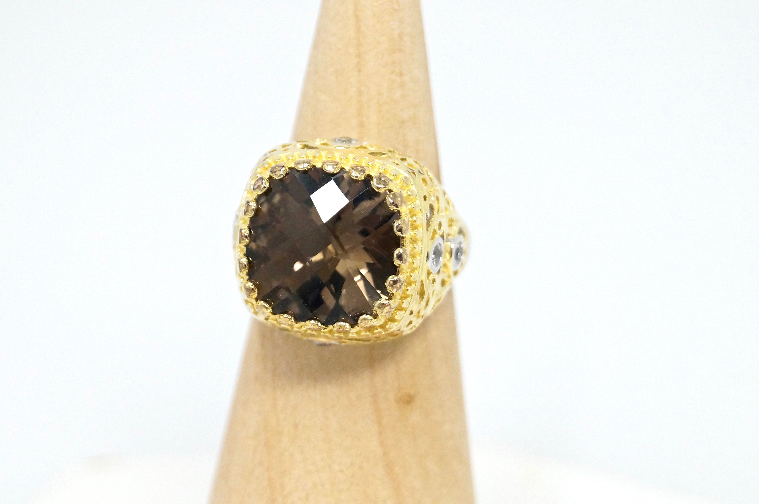 Vtg Designer HT Smoky Topaz White Sapphire Gold Vermeil Sterling Silver Ring Sz8