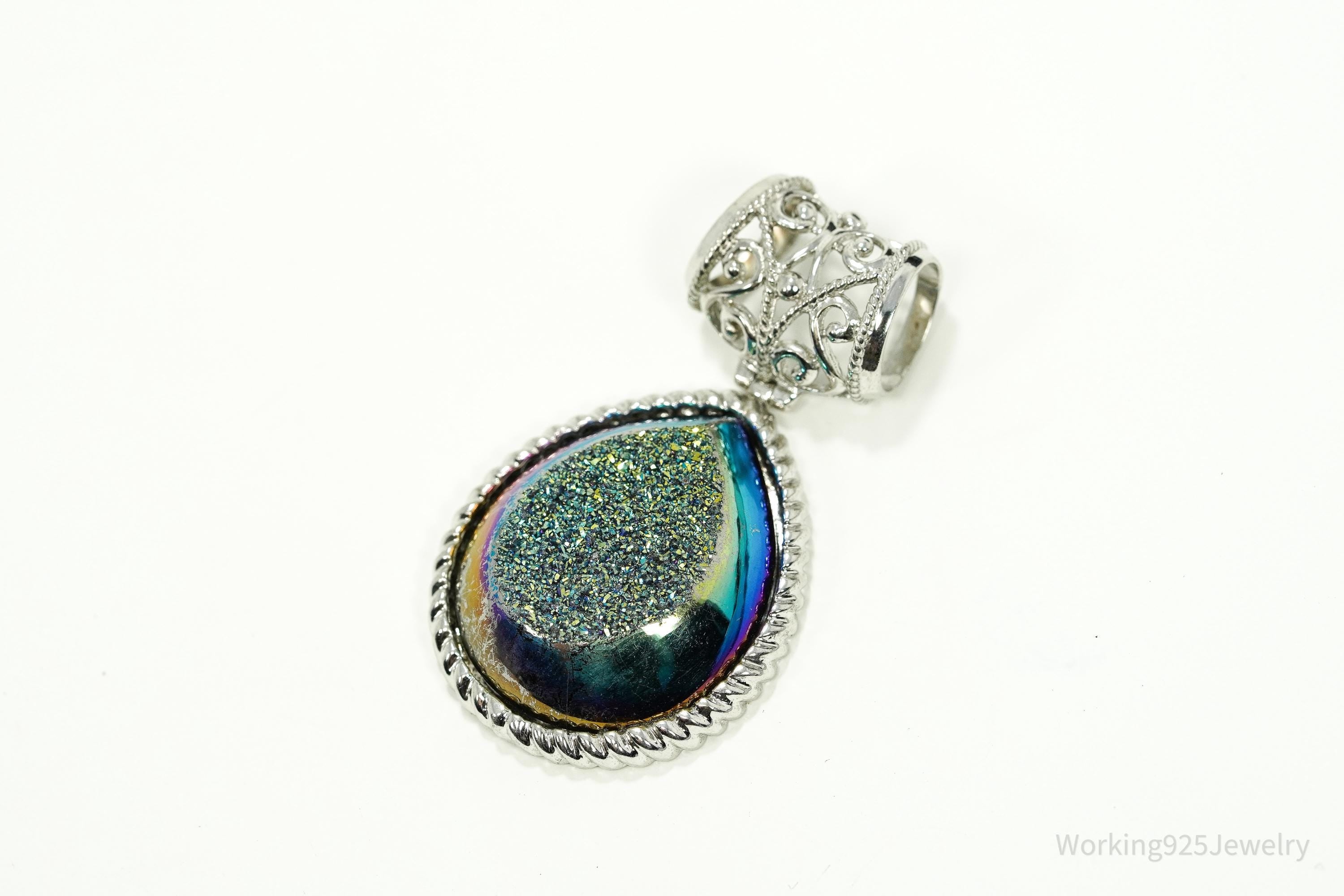 Vintage Large Druzy Quartz Sterling Silver Necklace Pendant