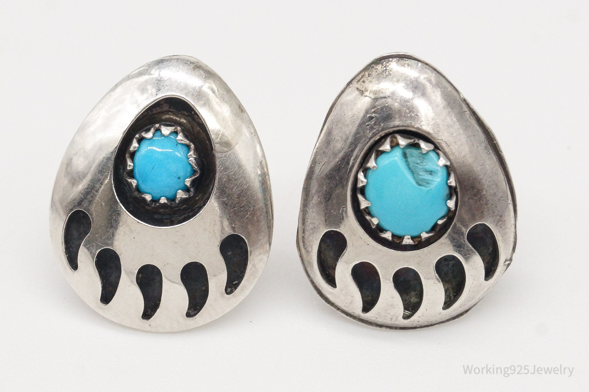 Vintage Native American Turquoise Bear Paw Print Silver Earrings