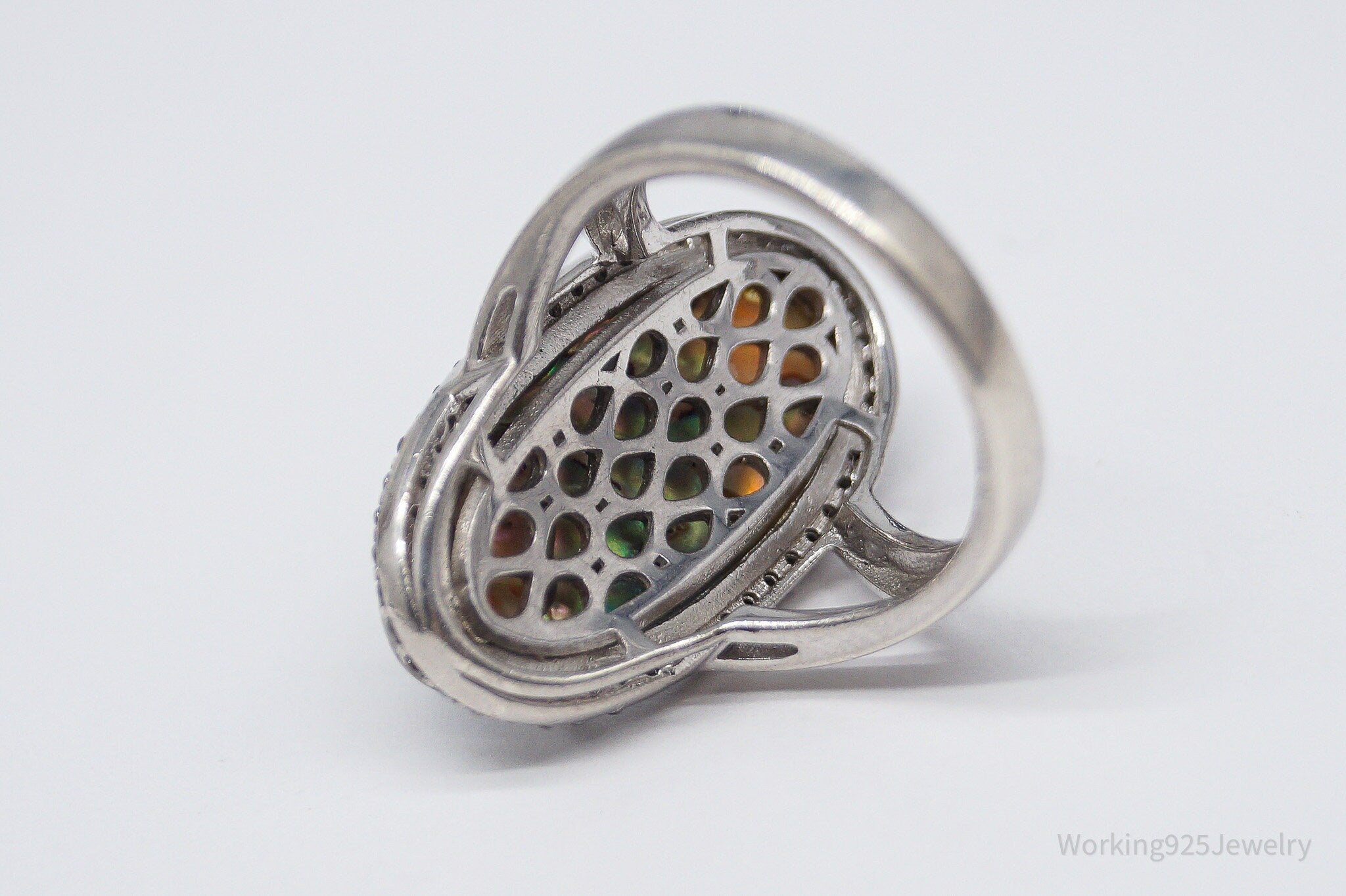 Vintage Paua Abalone Shell White Topaz Sterling Silver Ring - Size 8