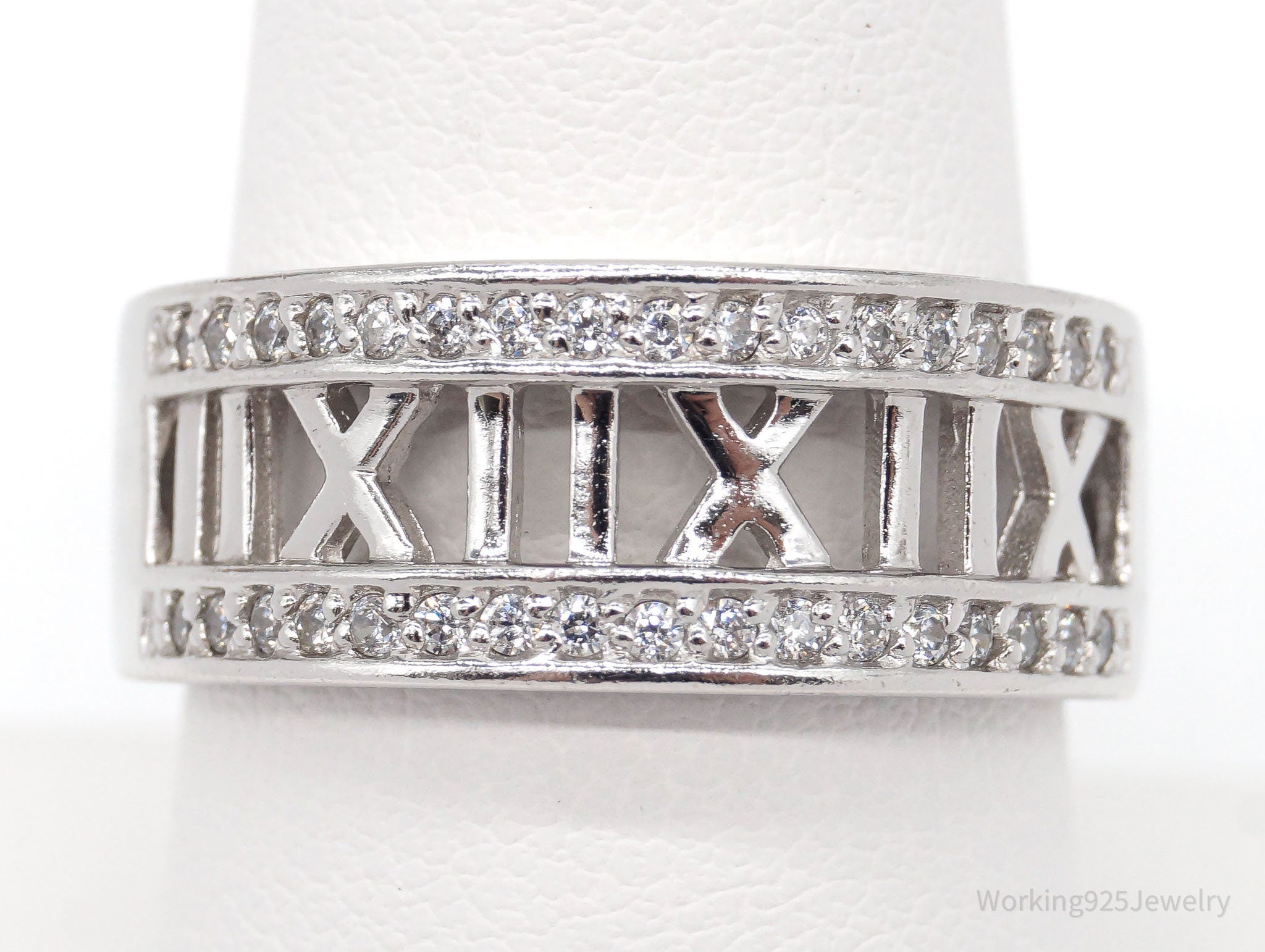 Vintage Designer Cubic Zirconia Roman Numerals Sterling Silver Ring Size 9