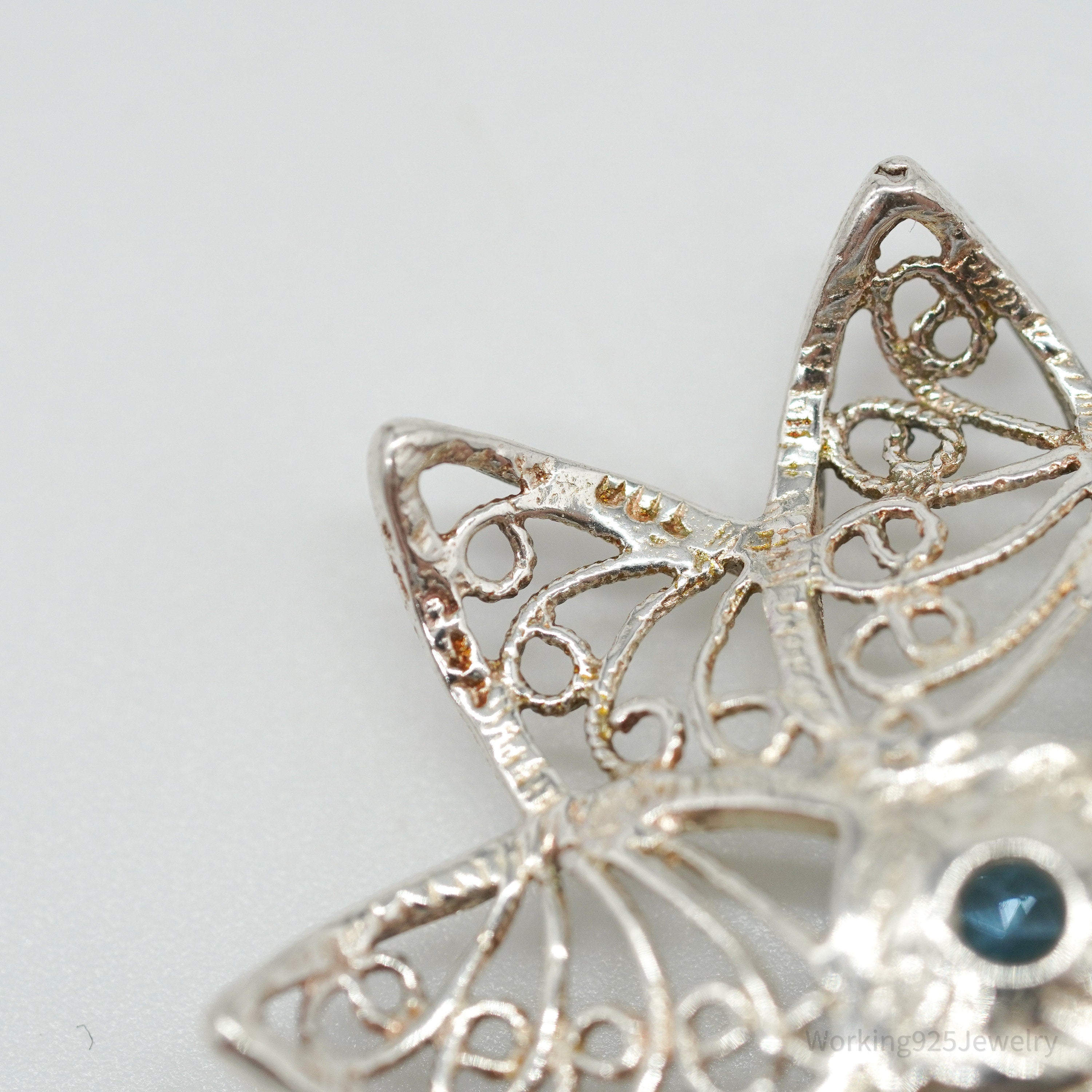 Vintage Ornate Blue Topaz Flower Sterling Silver Necklace Pendant