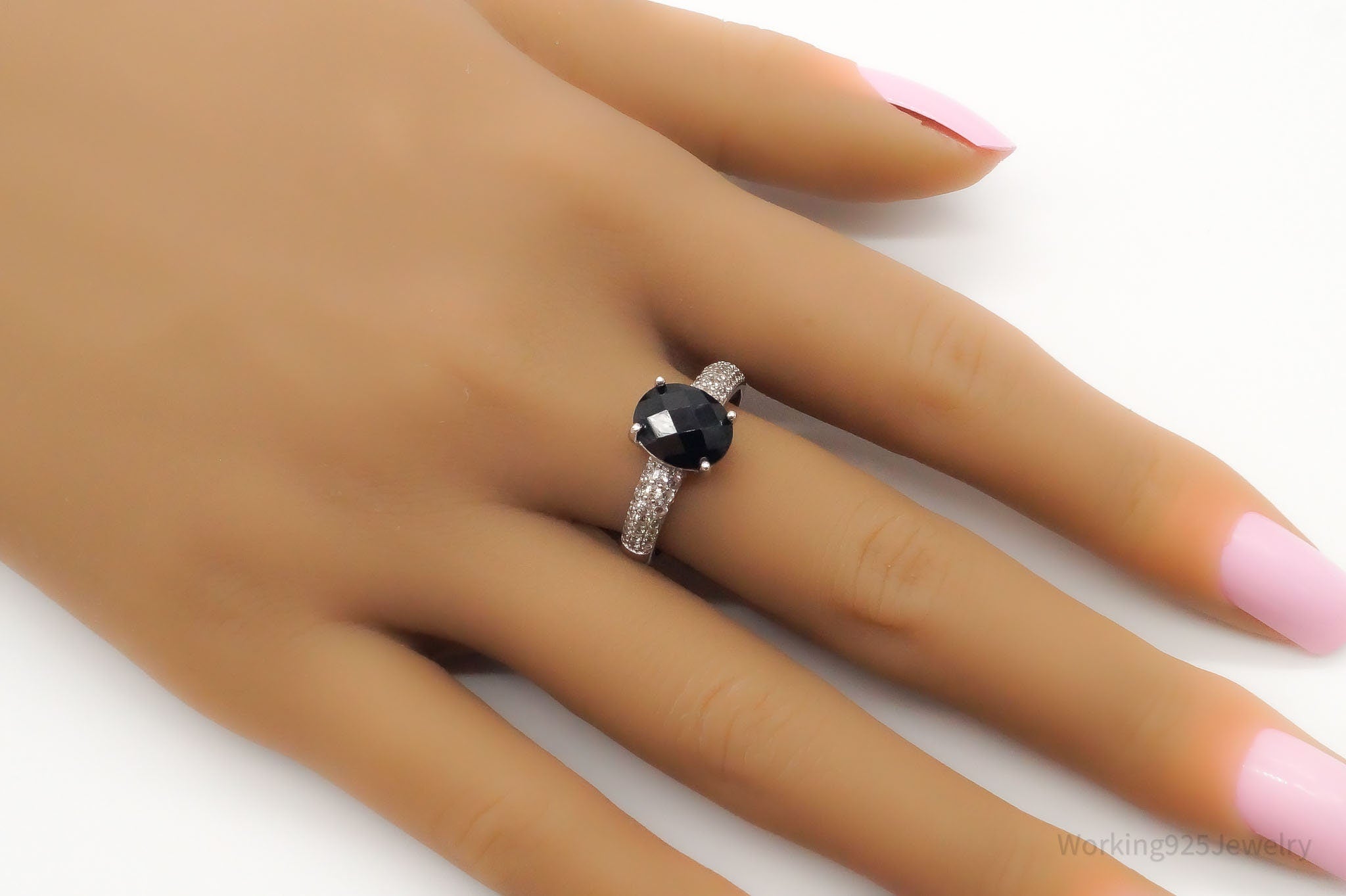 Vintage Black Onyx Cubic Zirconia Sterling Silver Ring - Size 9.25