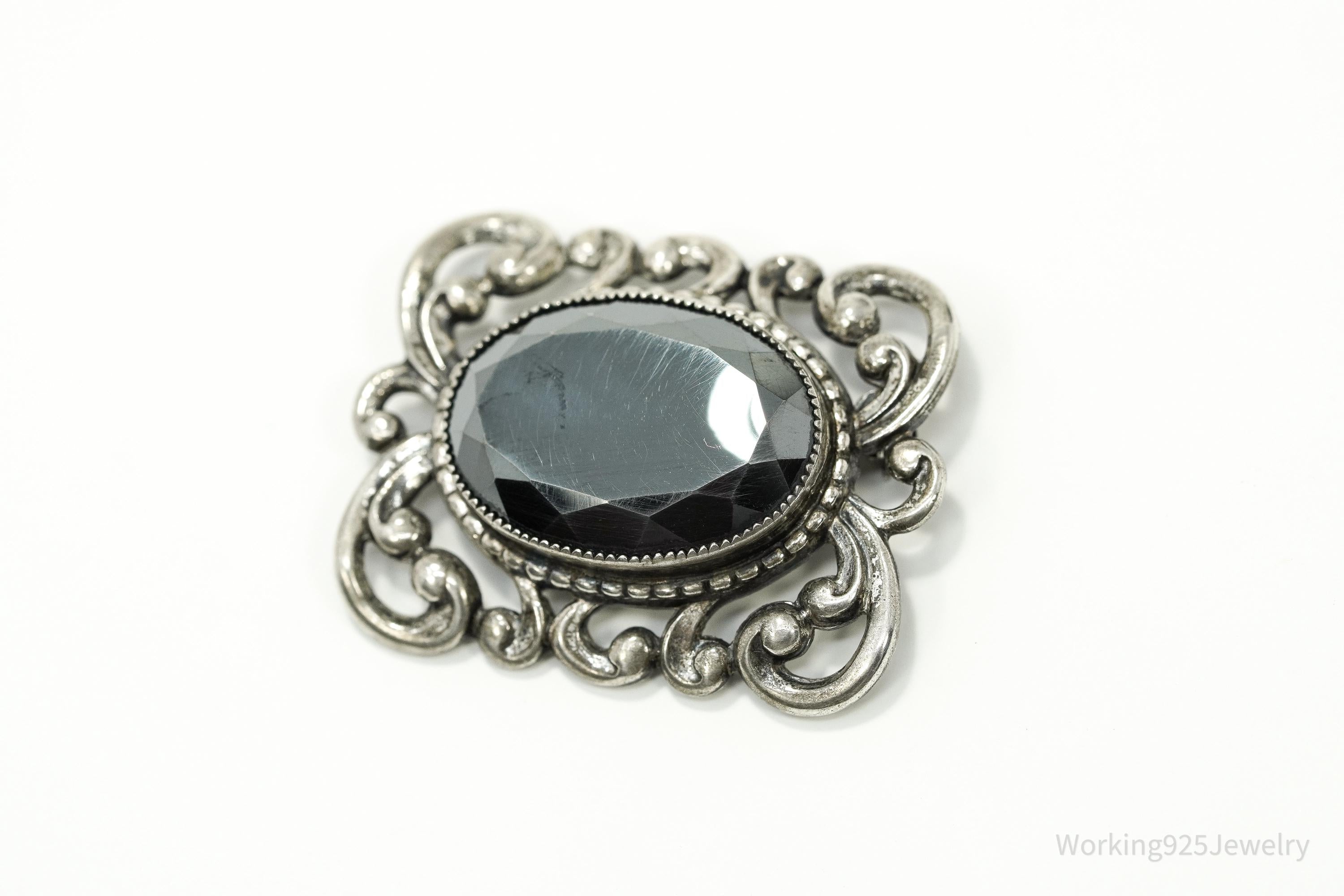 Vintage Designer Danecraft Hematite Ornate Sterling Silver Brooch Pin