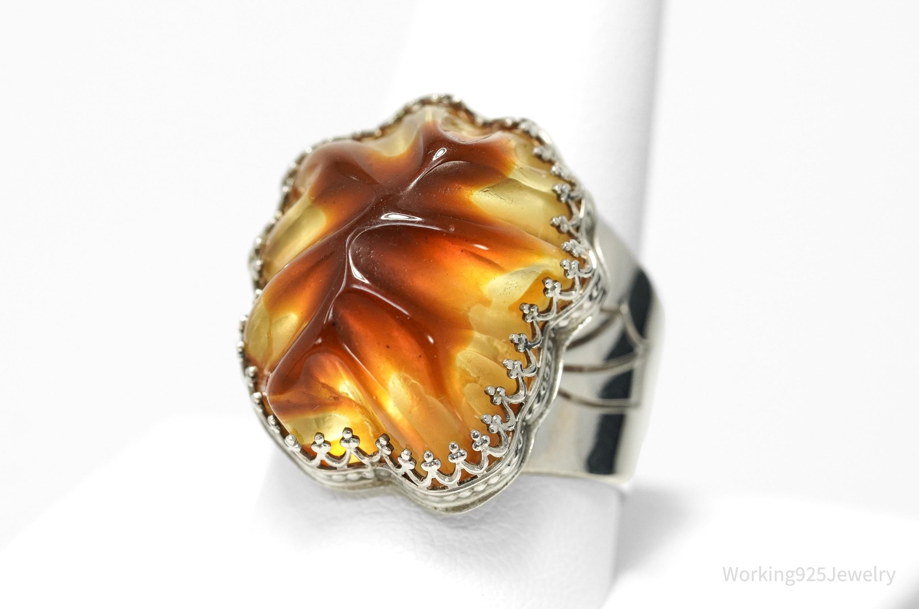 Vintage Jay King Mine Finds Sterling Silver Amber Statement Ring Size 11