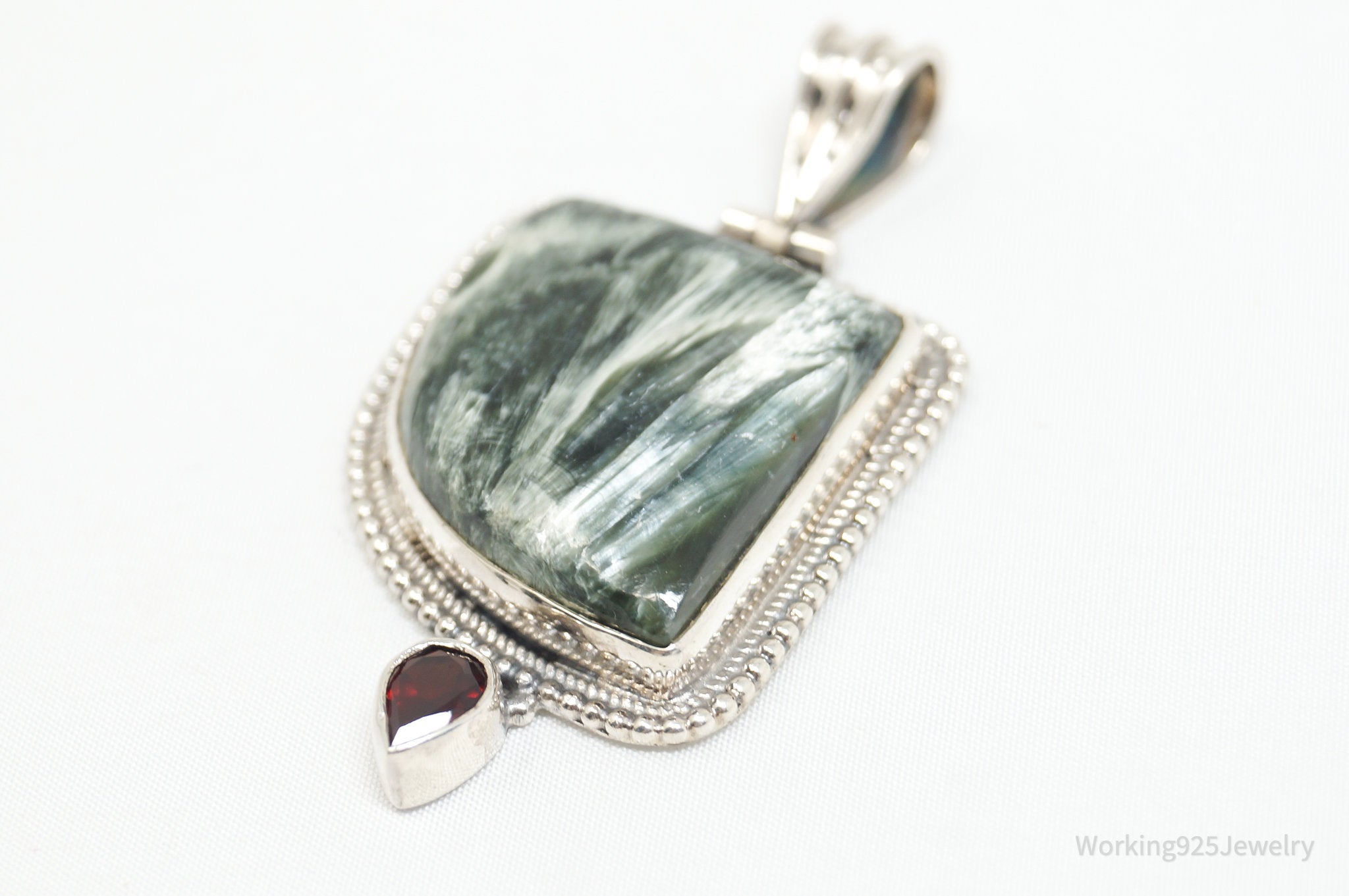 Vintage Large Green Seraphinite Garnet Sterling Silver Necklace Pendant