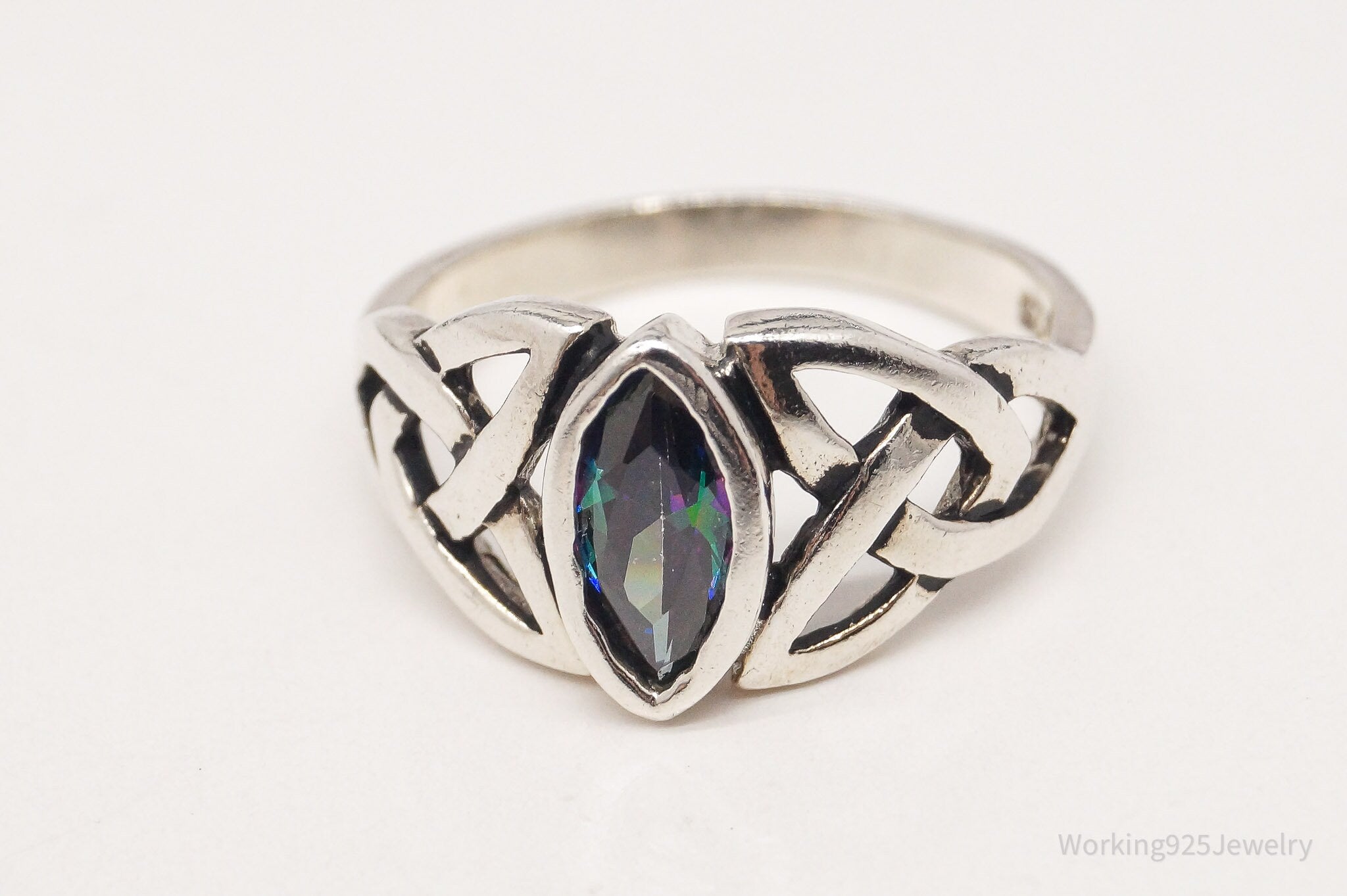 Vintage Lab Mystic Topaz Celtic Knot Sterling Silver Ring - Size 5.25