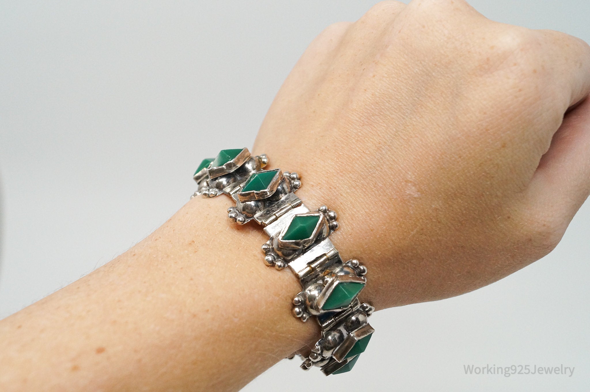 Vintage Mexico Handmade Green Onyx Sterling Silver Panel Bracelet