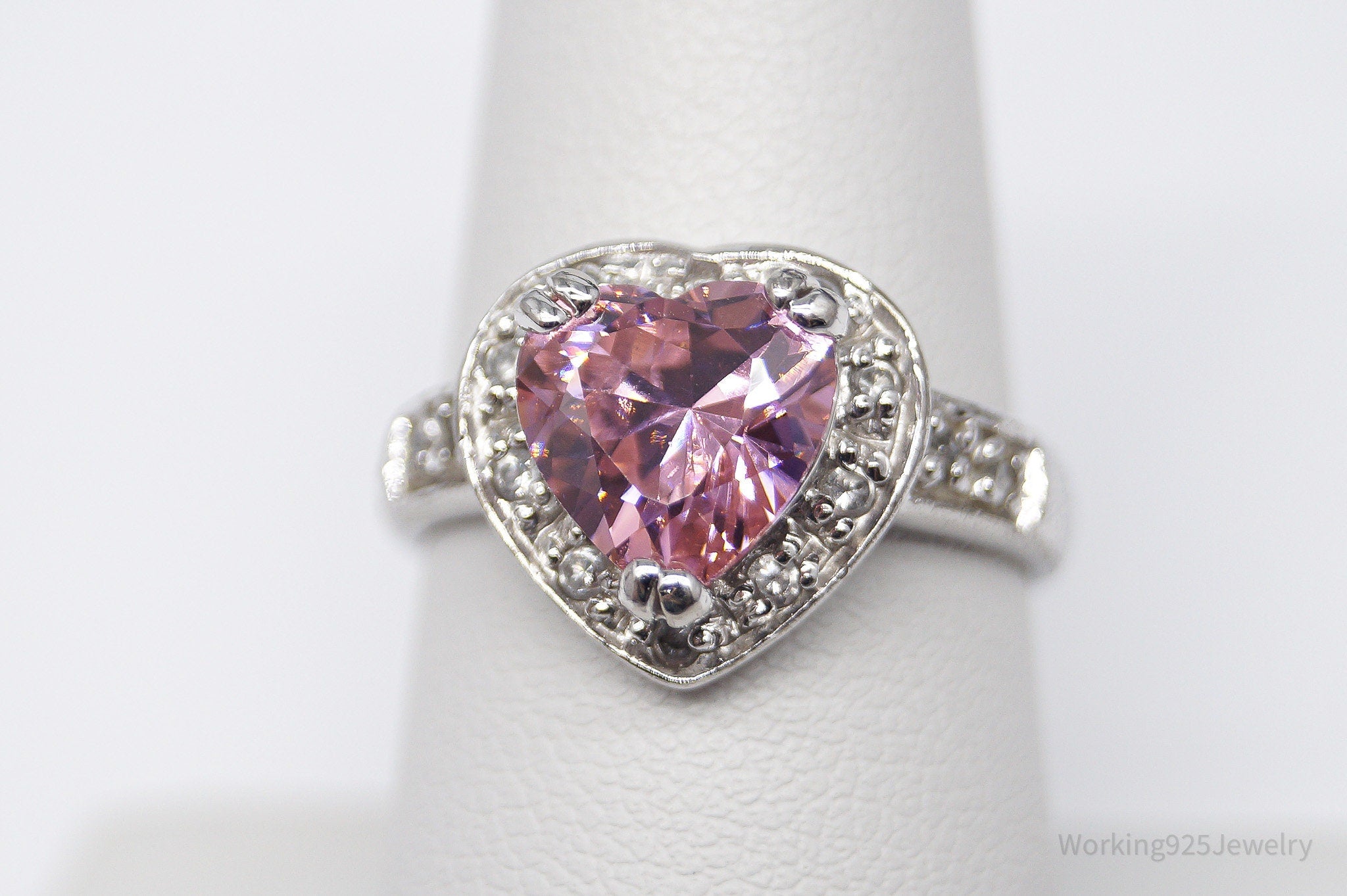 Vintage Pink & White Cubic Zirconia Rhodium Over Sterling Silver Ring - Size 8