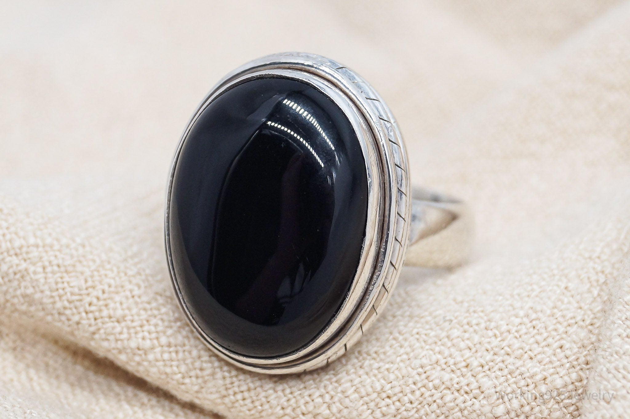 Vintage Large Black Onyx Silver Ring - Size 8