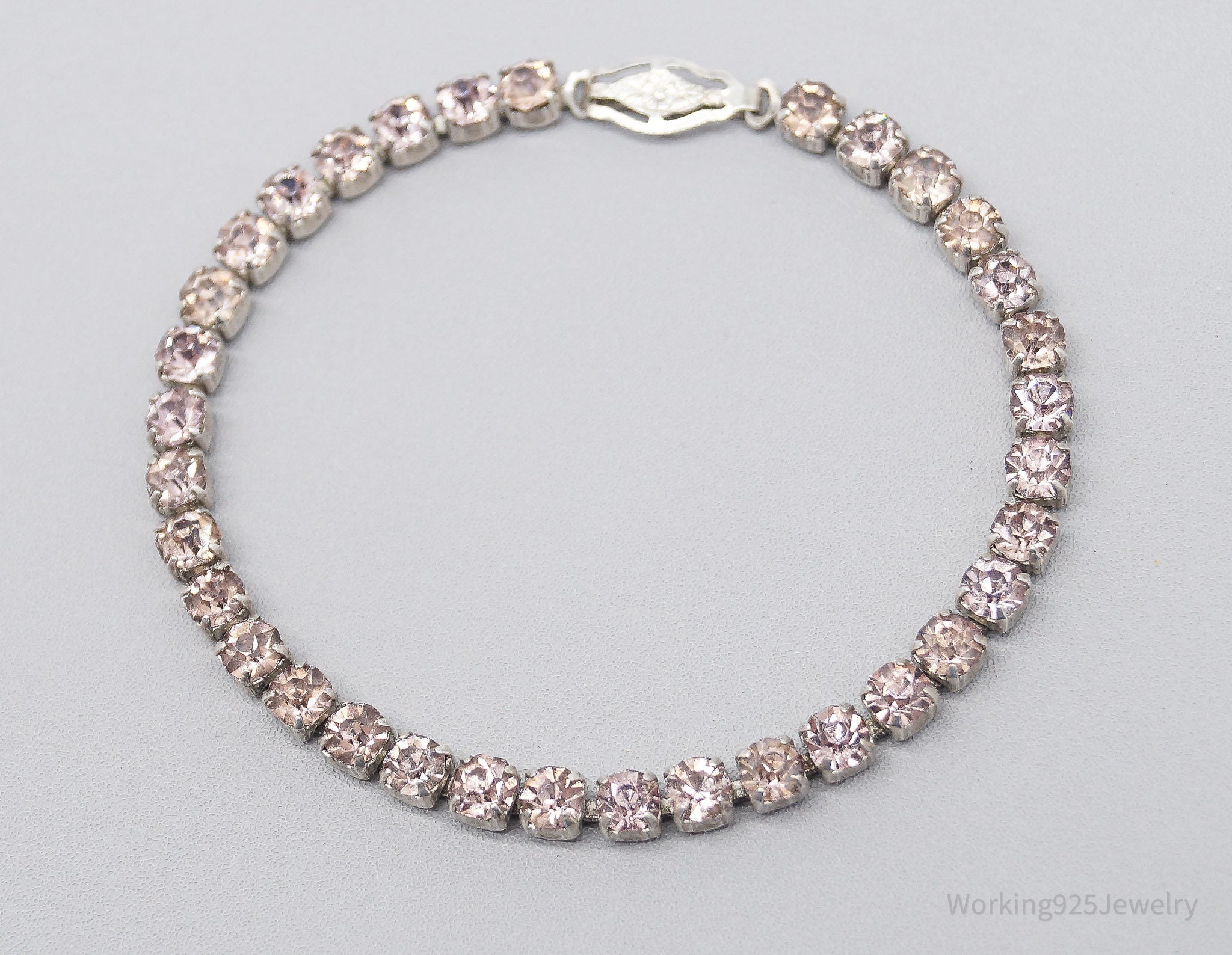 Antique Art Deco Pink Rhinestone Sterling Silver Bracelet - 6 7/8"