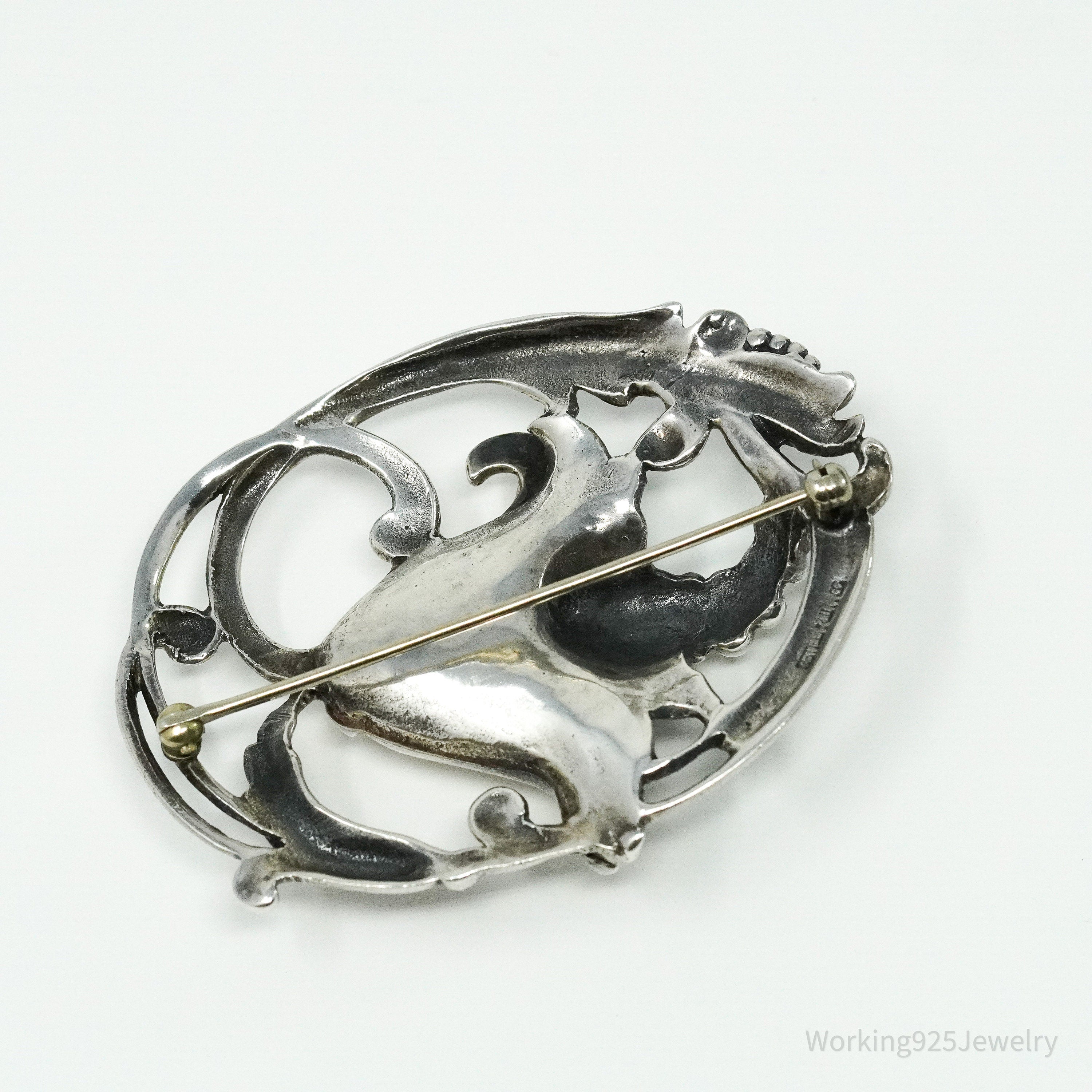 Antique Floral Sterling Silver Brooch Pin 2.5"