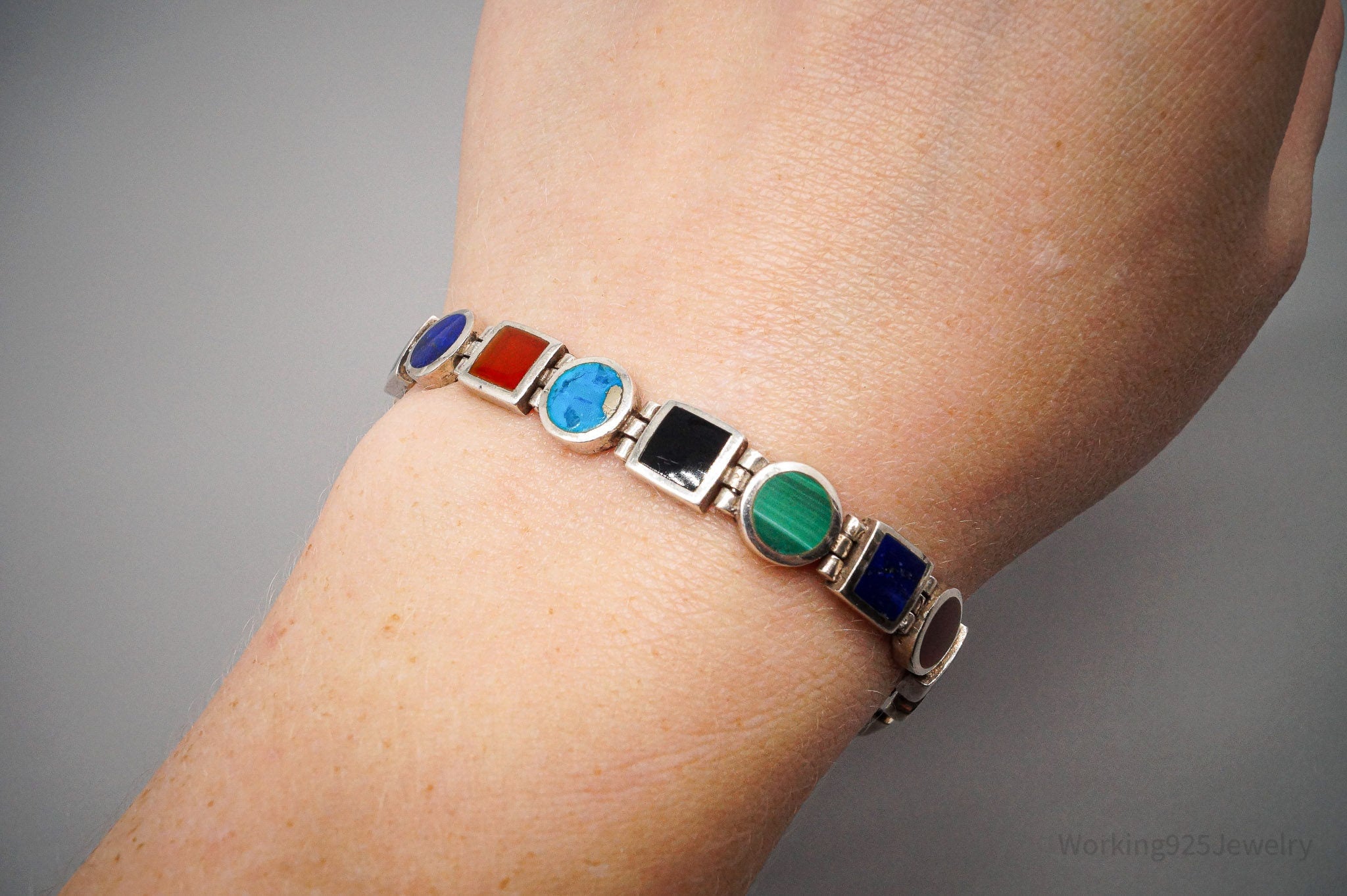 Vintage Multi Gemstone Inlay Sterling Silver Bracelet 8"