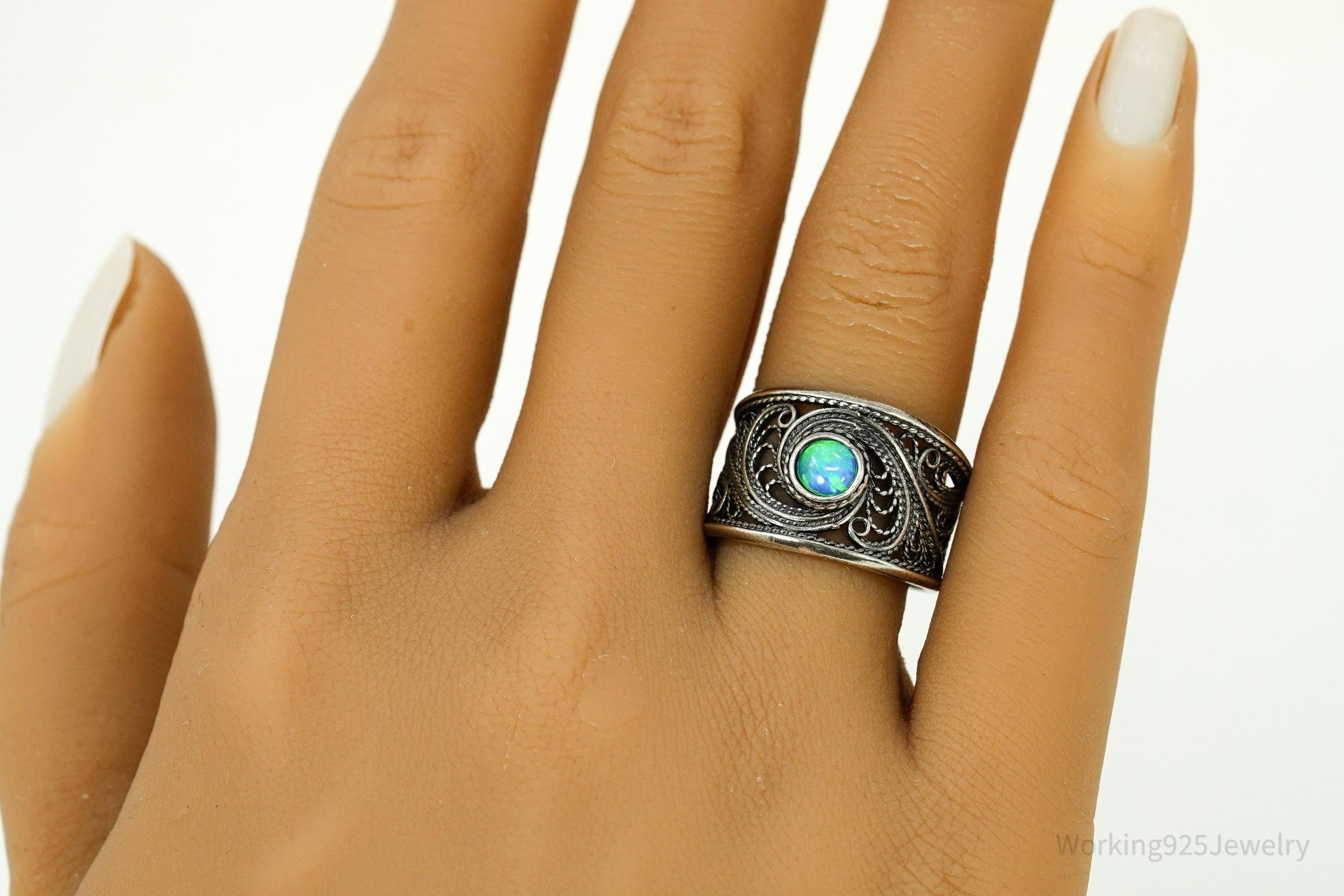 Vintage Opal Sterling Silver Filigree Ring - Size 8.25