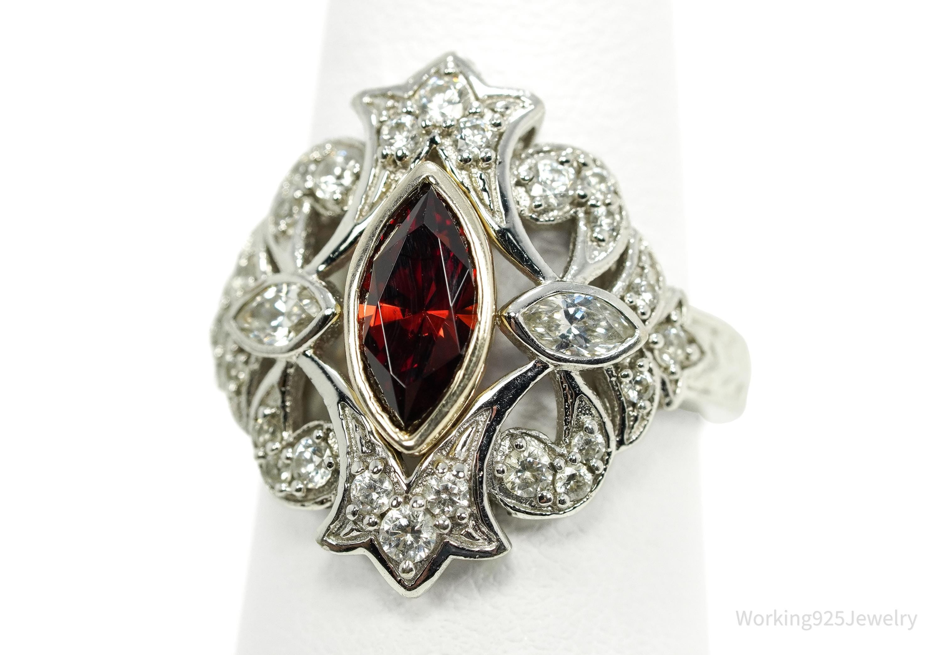 Vintage Garnet & White Zircon Sterling Silver Ring - Size 7