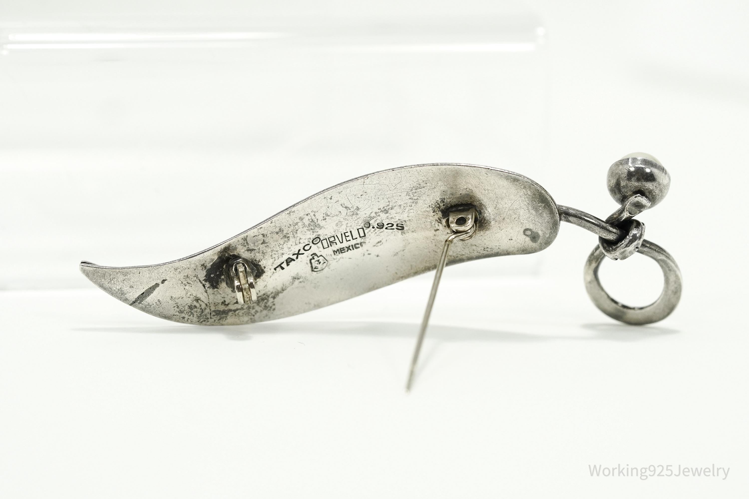 Vintage Taxco Artist Orvelo Pearl Modernist Leaf Sterling Silver Brooch Pin