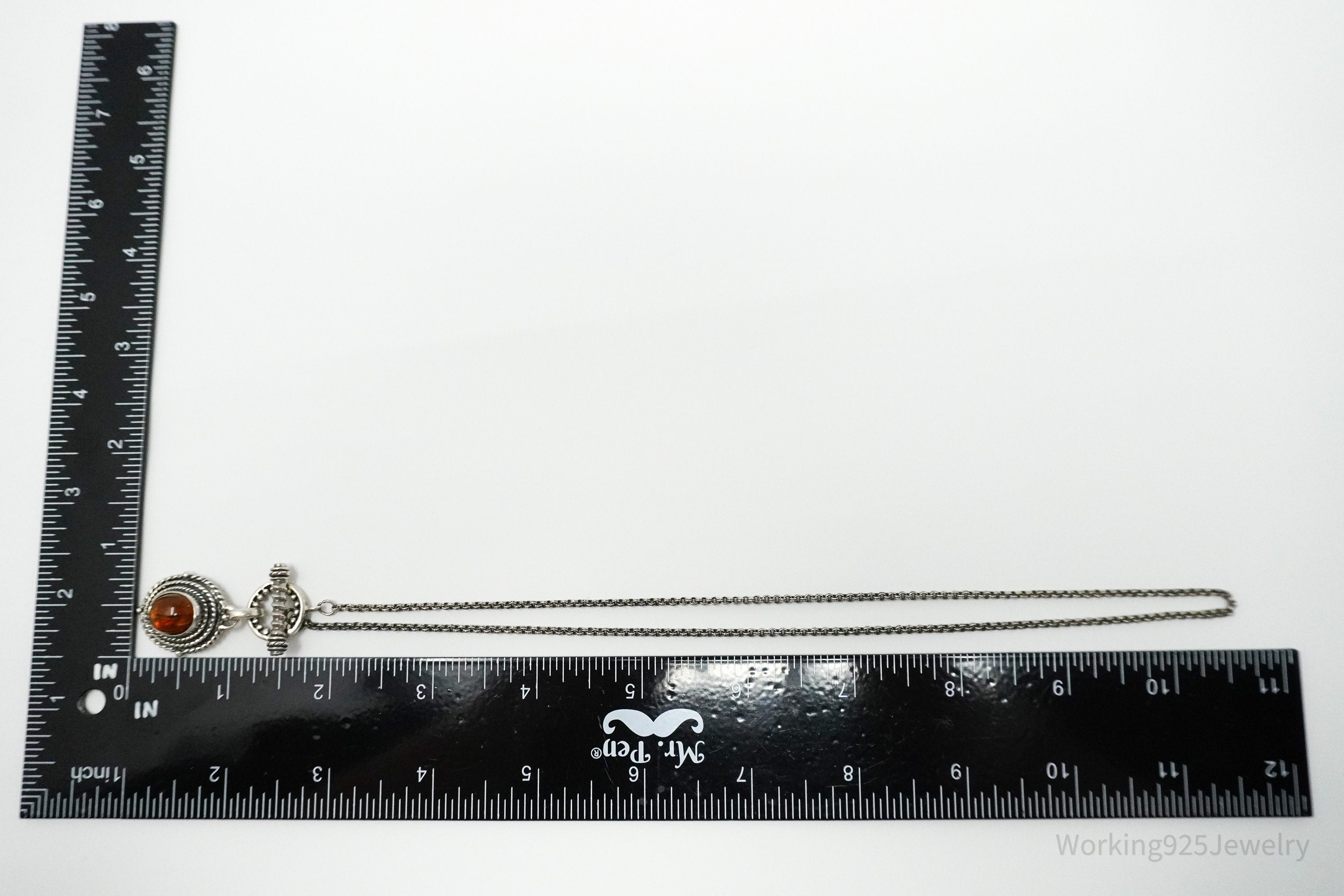 Vintage Amber Sterling Silver Toggle Necklace 18"