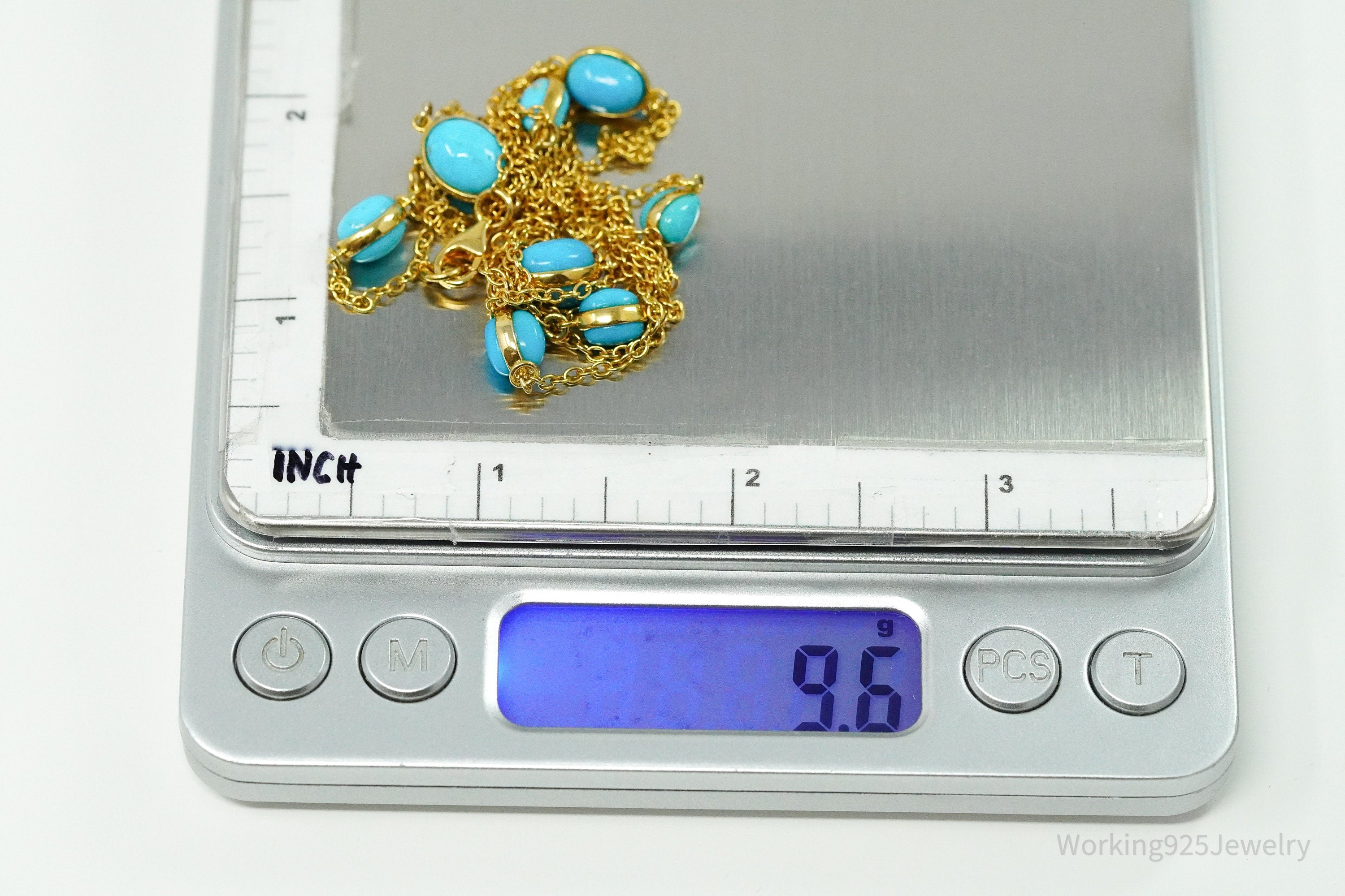 Long Vintage Turquoise Gold Vermeil Sterling Silver Necklace 36"