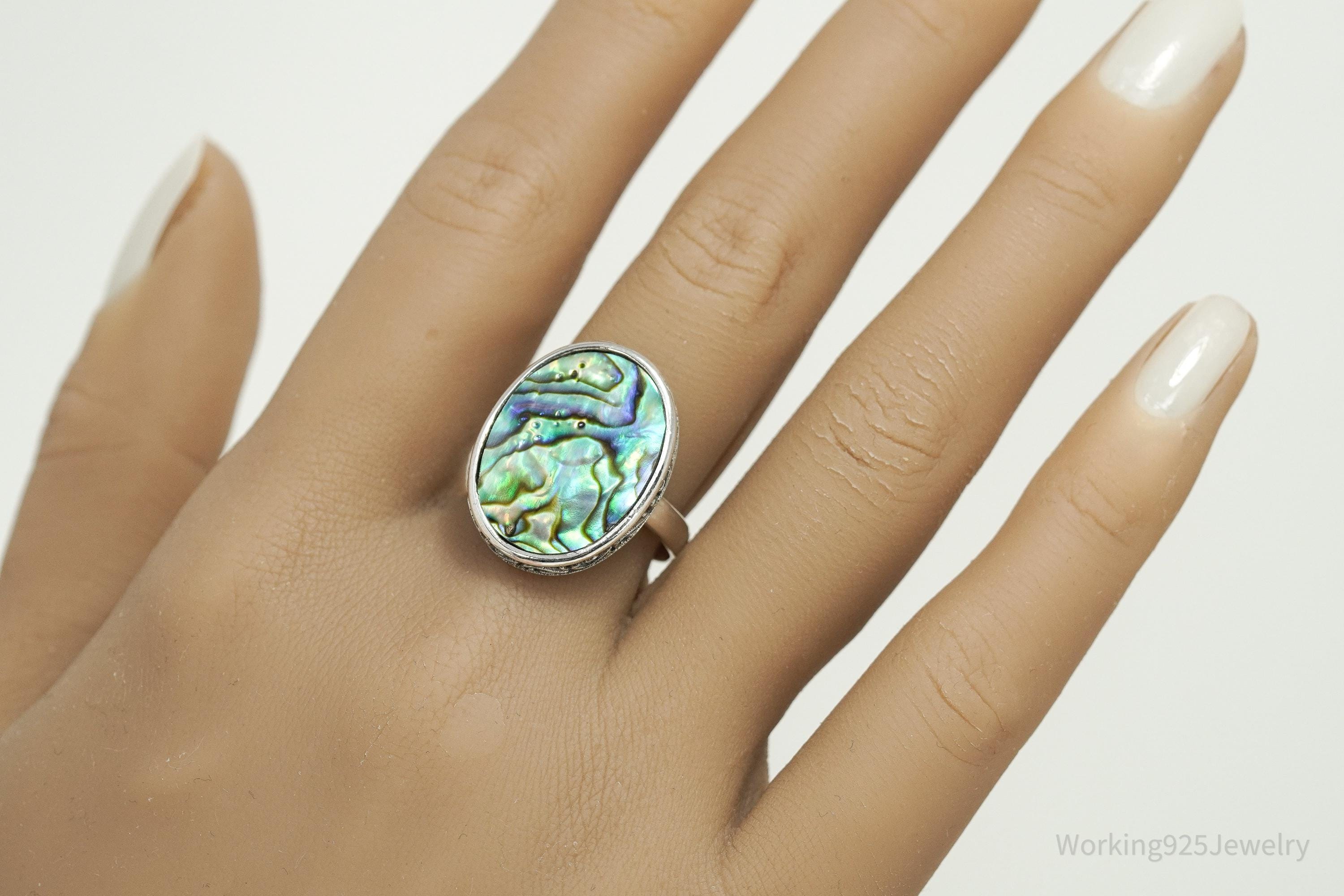 Vintage Sterling Silver Statement Ring • Large Paua Abalone Shell Inlay Size 9