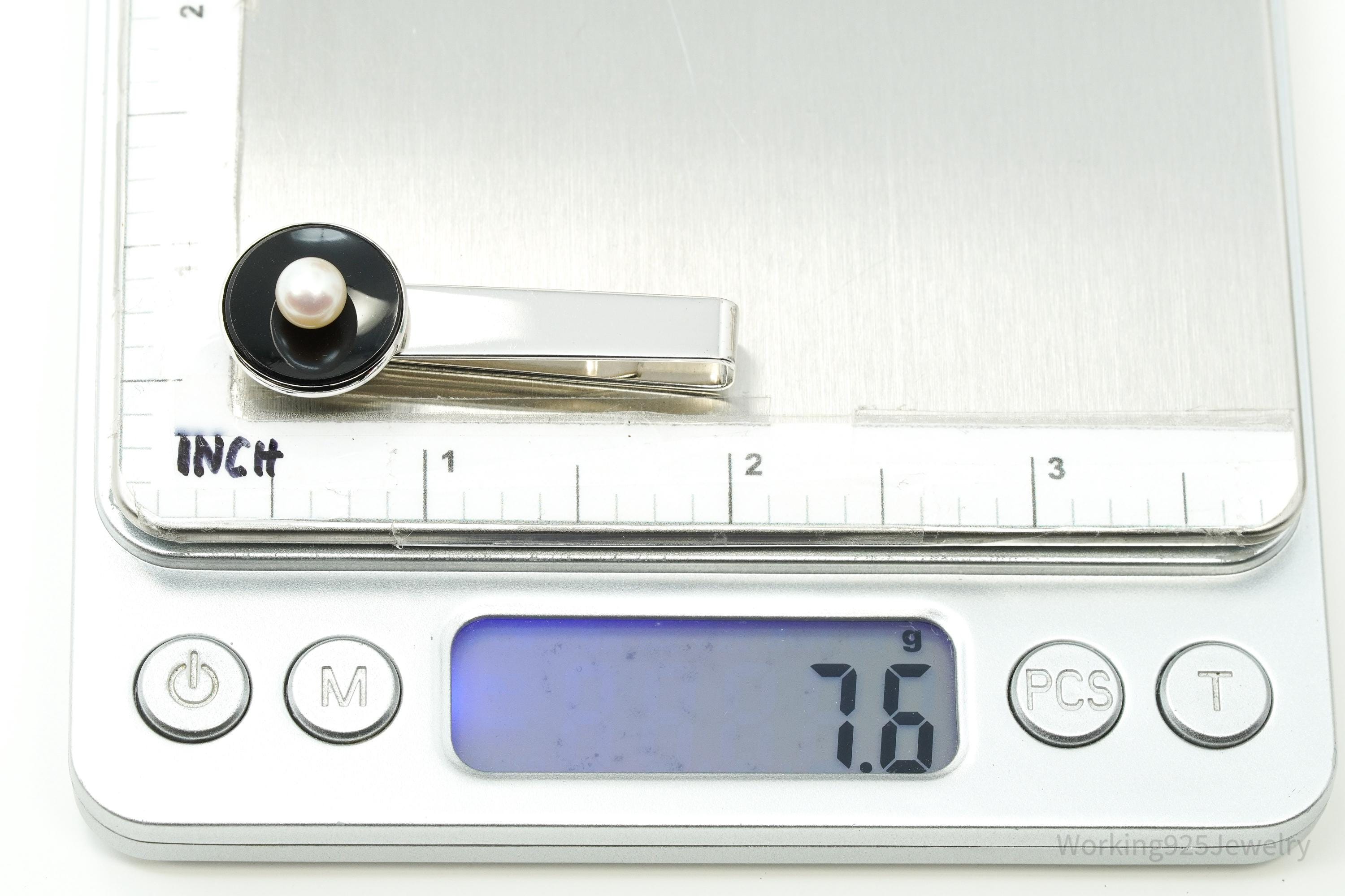 Vintage Designer CARIBE Pearl & Onxy Sterling Silver Tie Bar Clip