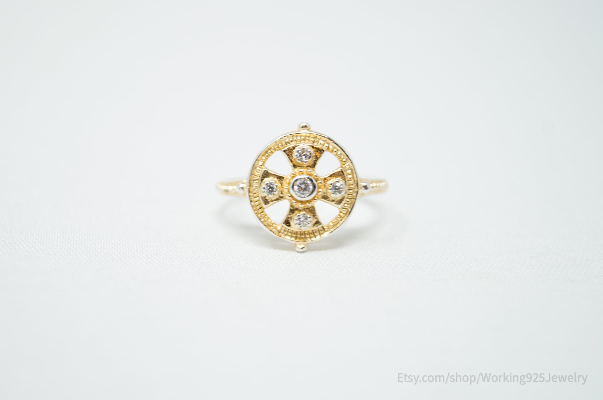 Vintage Deco Gold Vermeil Cubic Zirconia Sterling Silver Ring - Size 6