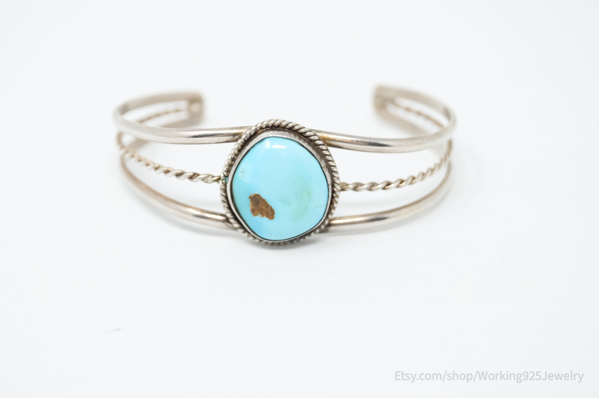 Vintage Native Handmade Unsigned Turquoise Sterling Silver Cuff Bracelet