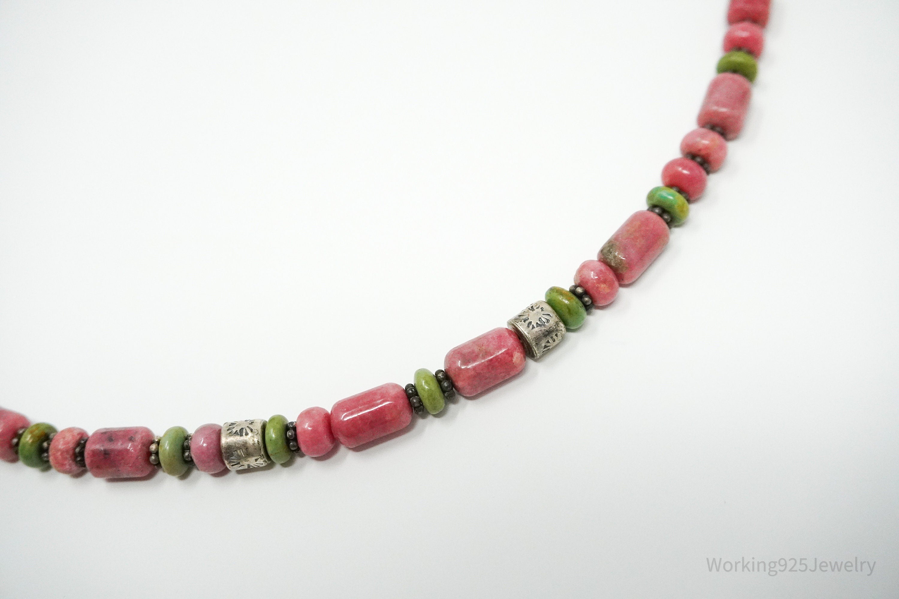 Vintage Western Rhodonite & Turquoise Bead Sterling Silver Necklace 19"