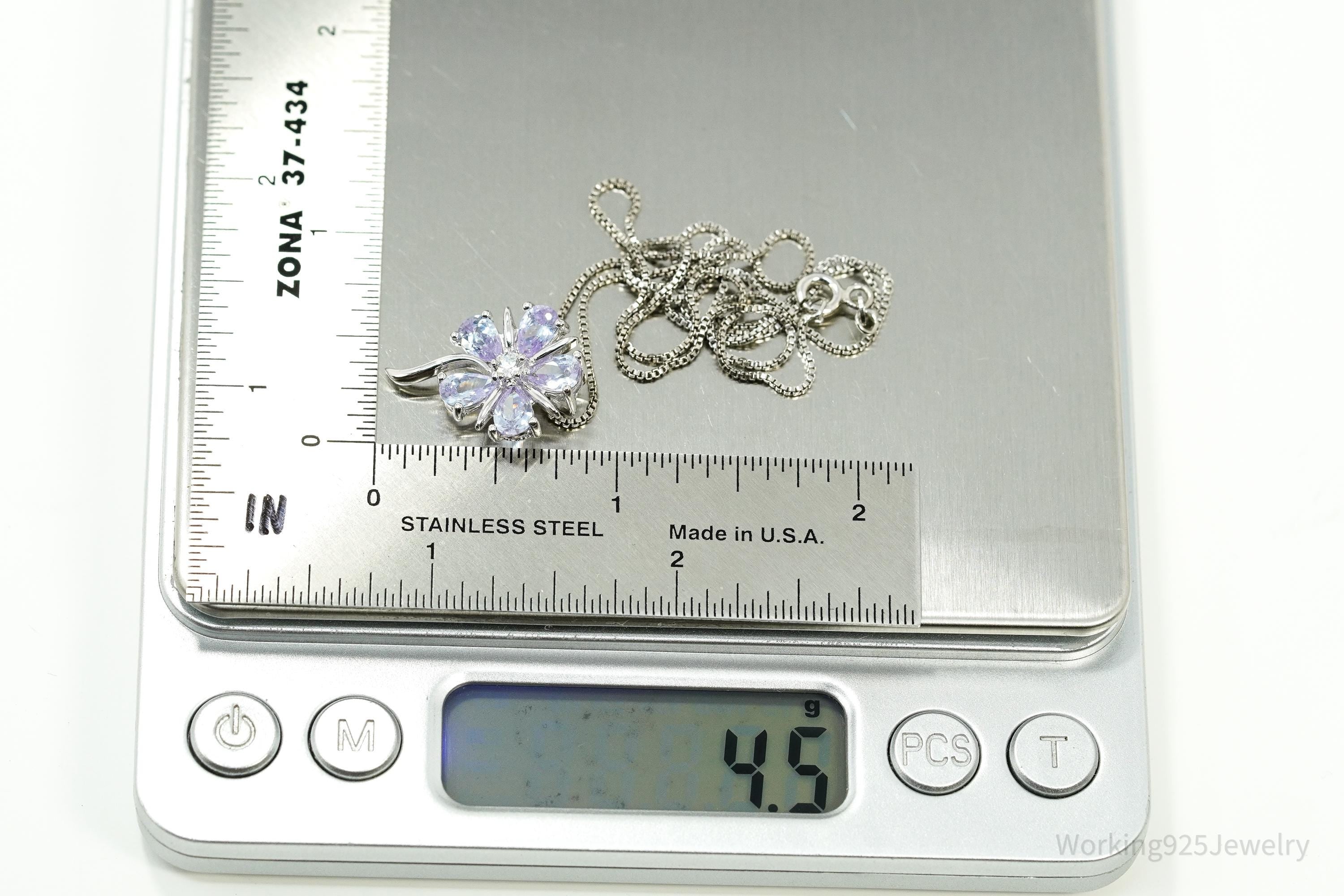 Vintage Periwinkle & White Cubic Zirconia Sterling Silver Flower Necklace - 18"