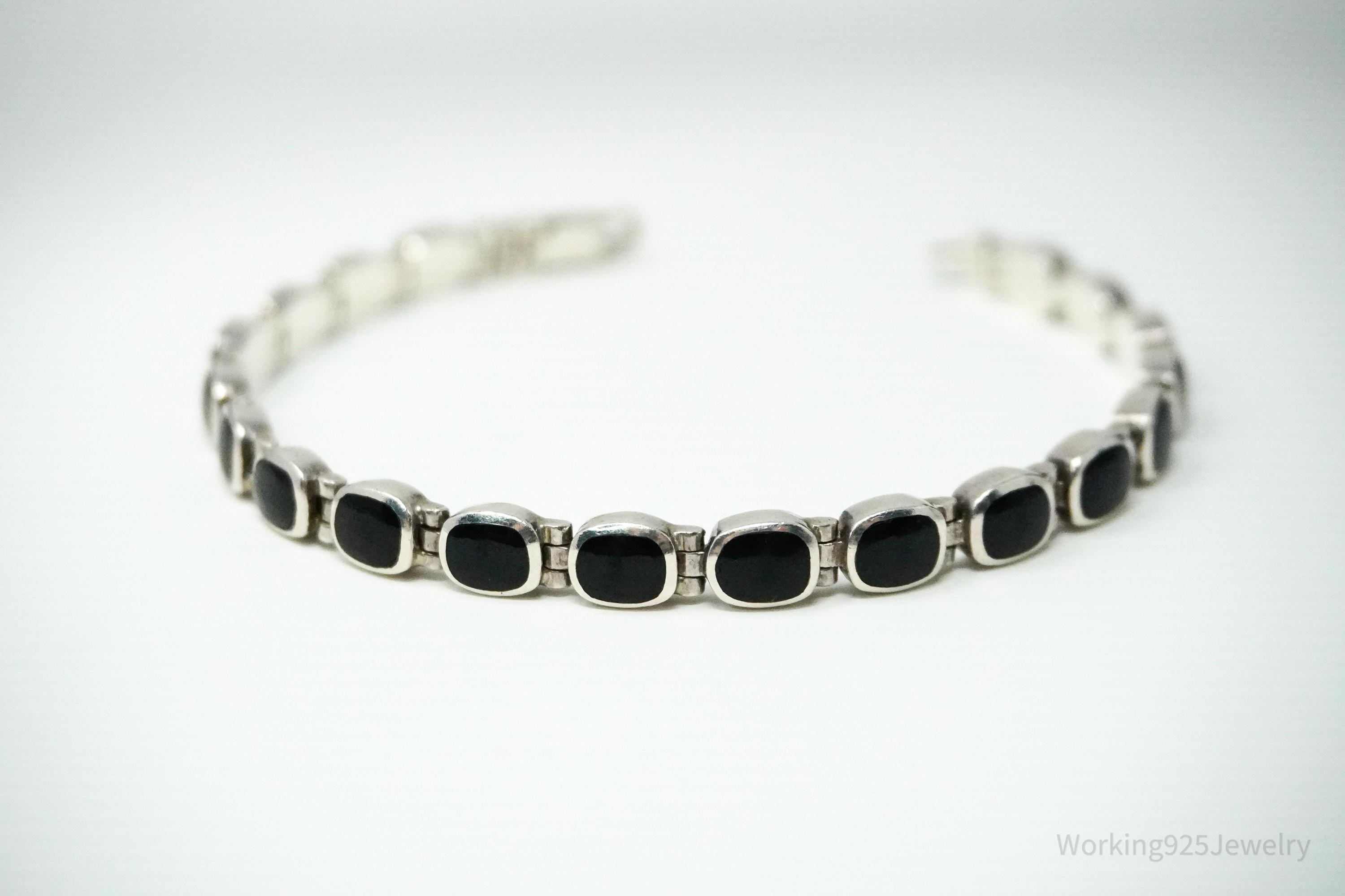 Vintage Southwestern Designer Peyote Bird Black Onyx Inlay Sterling Silver Bracelet 7.5