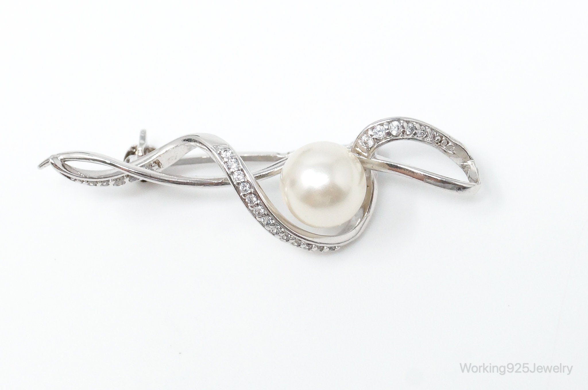 Vintage Pearl Cubic Zirconia Sterling Silver Brooch Pin