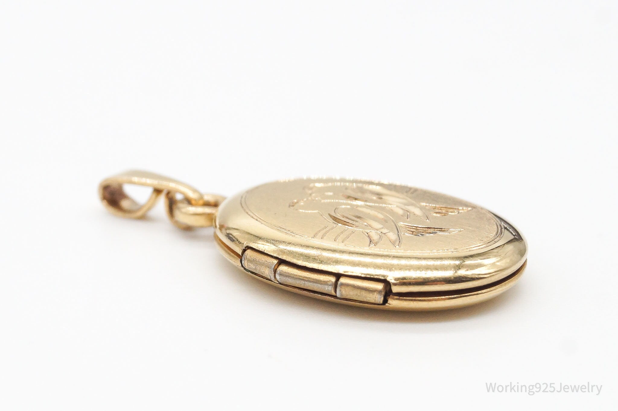 Large Vintage Floral Etched Gold Vermeil Sterling Silver Locket Pendant