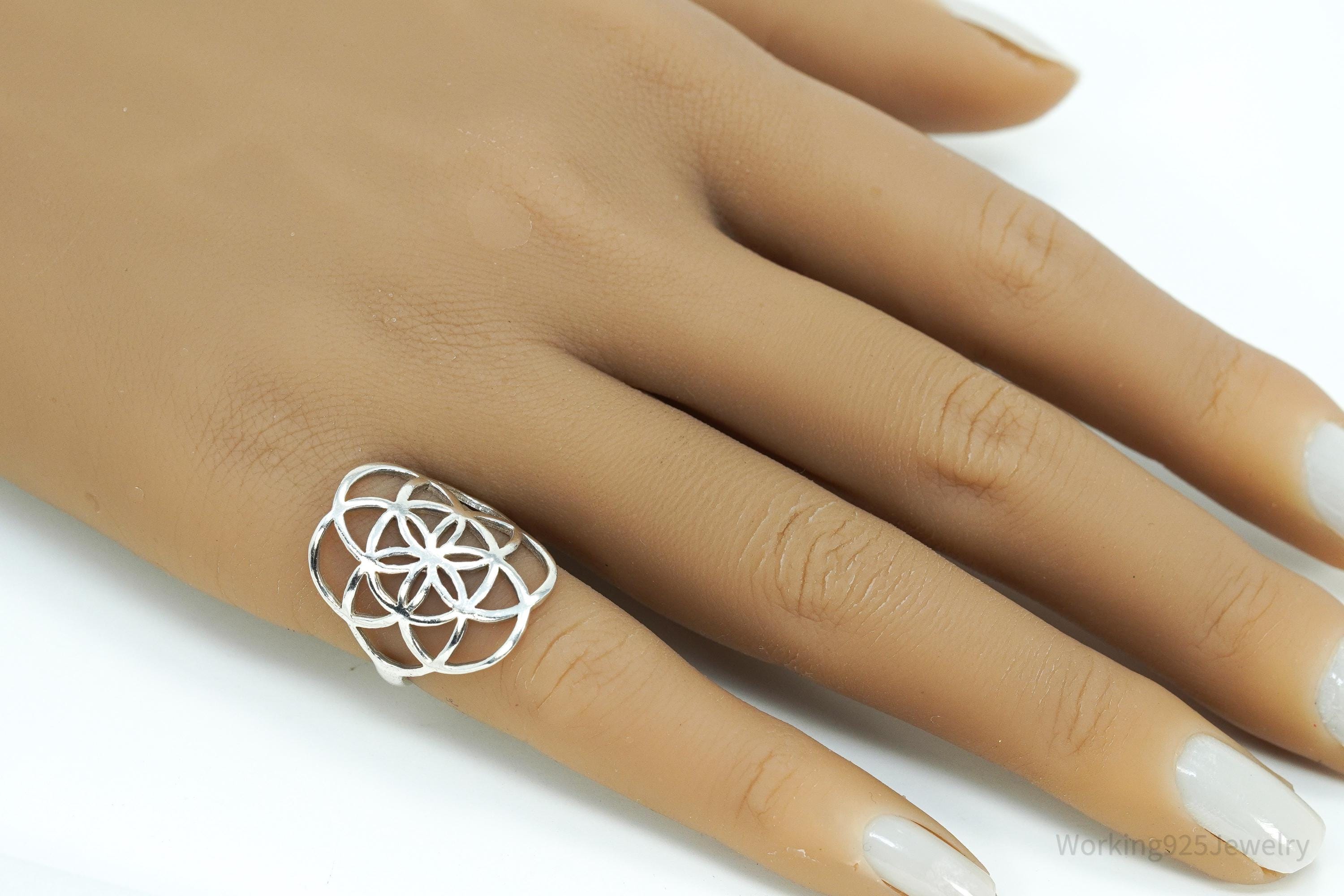 Vintage Flower Seed Of Life Sterling Silver Ring - Size 6