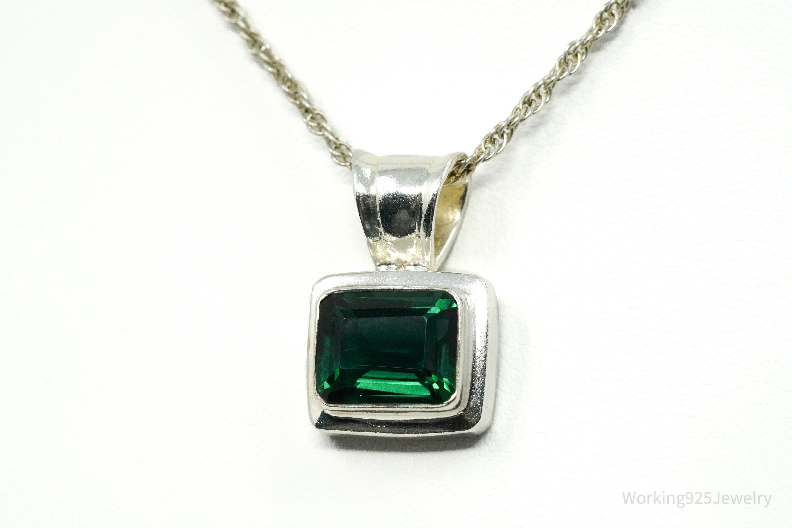 Vintage Lab Emerald Sterling Silver Necklace 18"